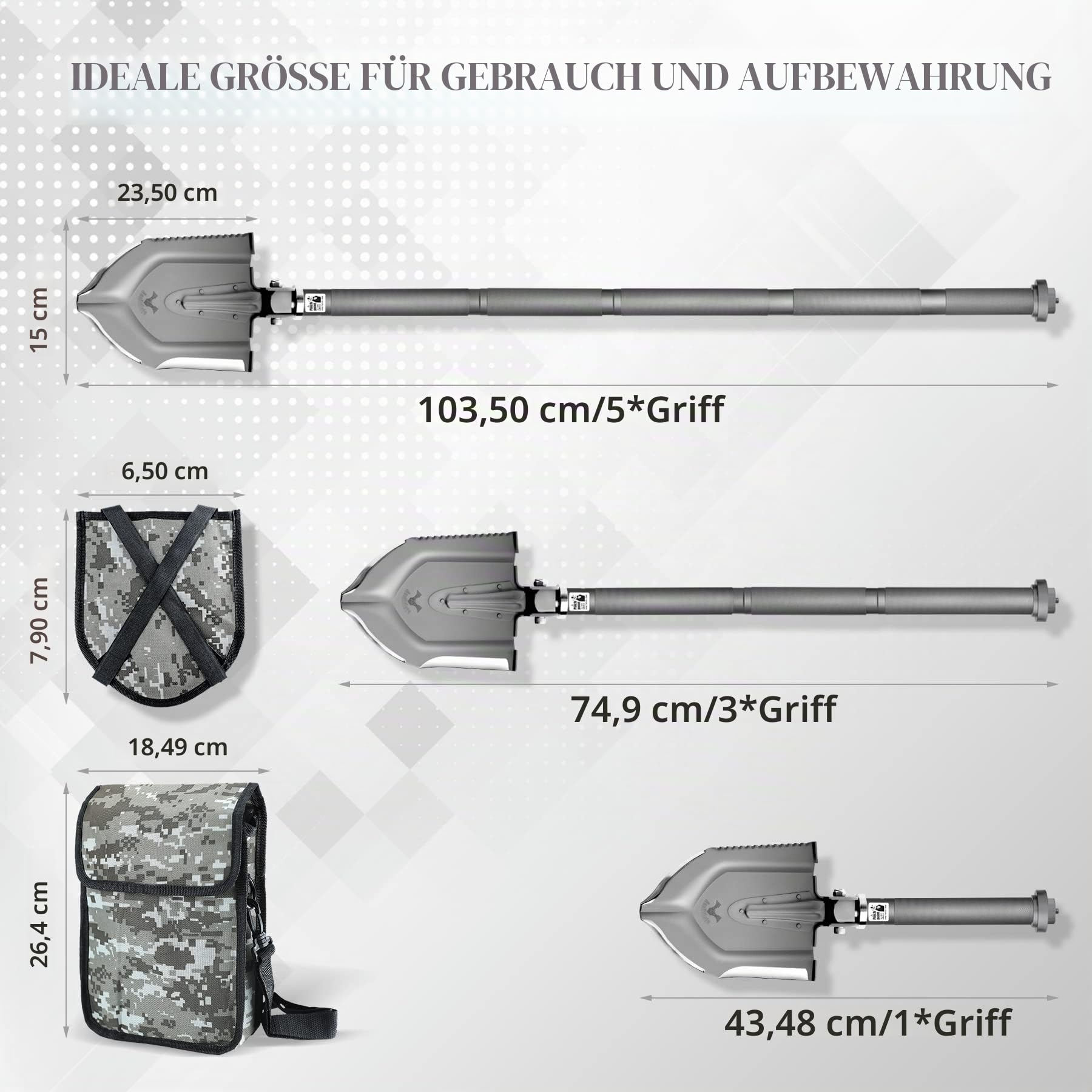 Zune Lotoo Klappspaten, Multifunktionale Camping Schaufel aus Kohlenstoffstahl, 18 in 1 Tragbare Survival Spaten mit Länge Verstellbare(17.12-40.75 inch) für Offroad Camping Wandern, Annihilate F1