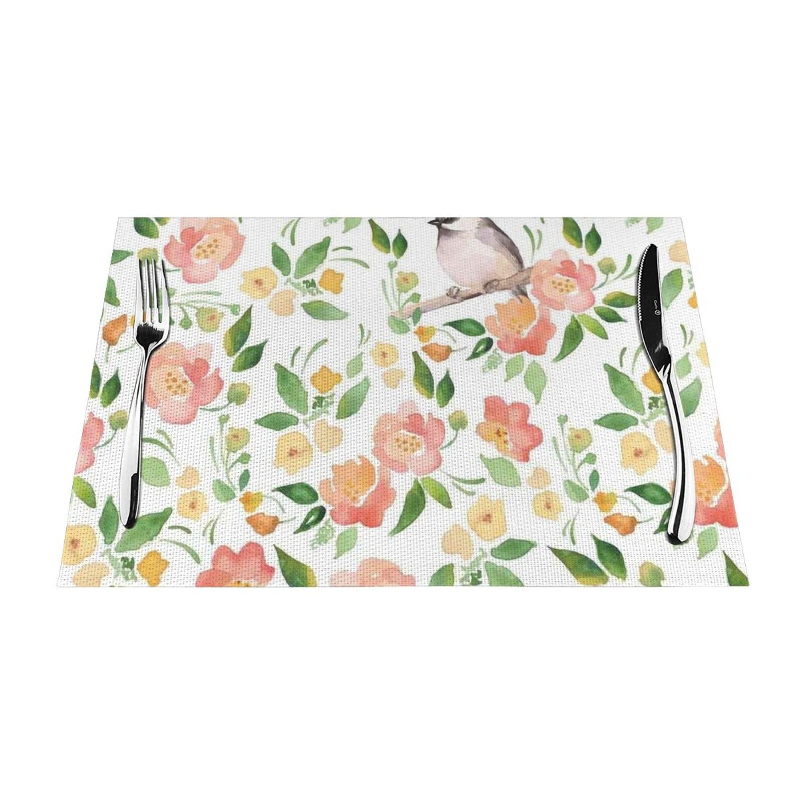 PVC Placemat Set of 4 PCS, 45x30 CM, Flower and Bird Printed Non-Slip Heat Resistant Place Mats for Kitchen Dining Table Indoor Outdoor