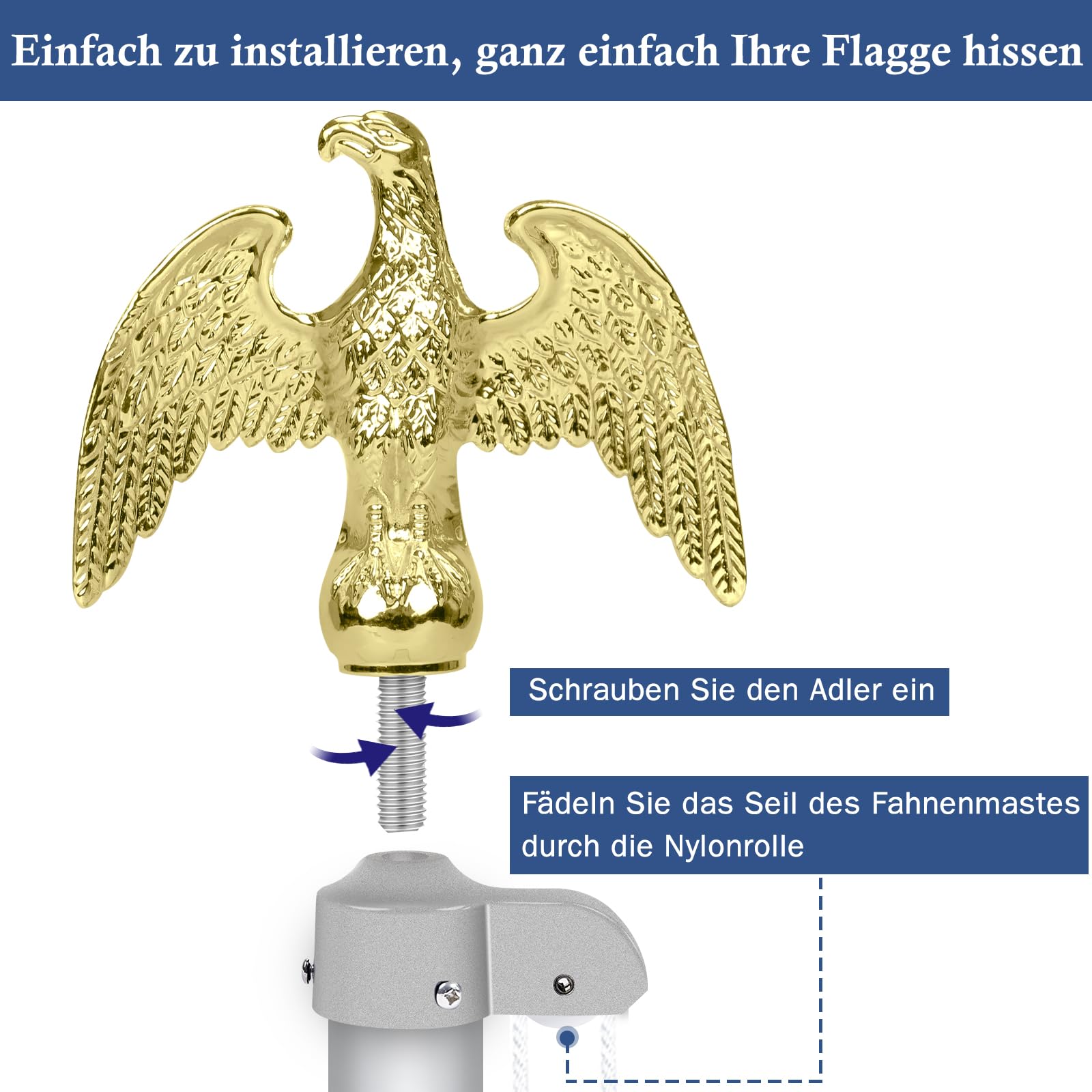 NQ Fahnenmast Zubehör Set mit Adler,Fahnenmast Reparaturset,Fahnenmast-Reparaturteile inkl.Adler,Seil,Karabiner, Klampe,Topper aus Aluminium mit Seilrolle(Gold)