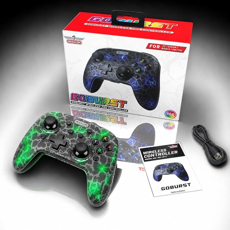 megacom Bluetooth Gamepad for Switch/PC/Steam Deck, 2 Remappable Back Keys | iOS/Android Support, 8-Color RGB, 6-Axis Motion, Adjustable Vibration, 3-Speed Turbo, App Control, 850mAh Battery