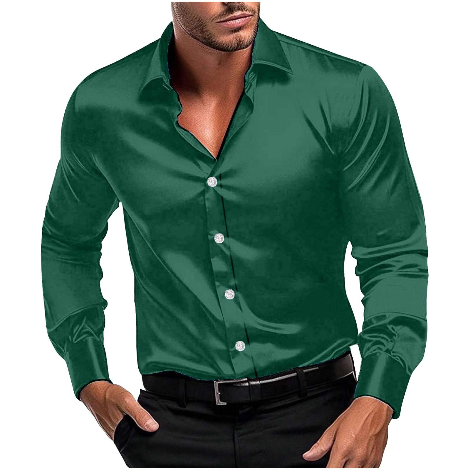 Men Long Sleeve Satin Dress Shirt Shiny Embroidery Silk Like Button Down Casual Luxury Prom Wedding Party Disco Solid