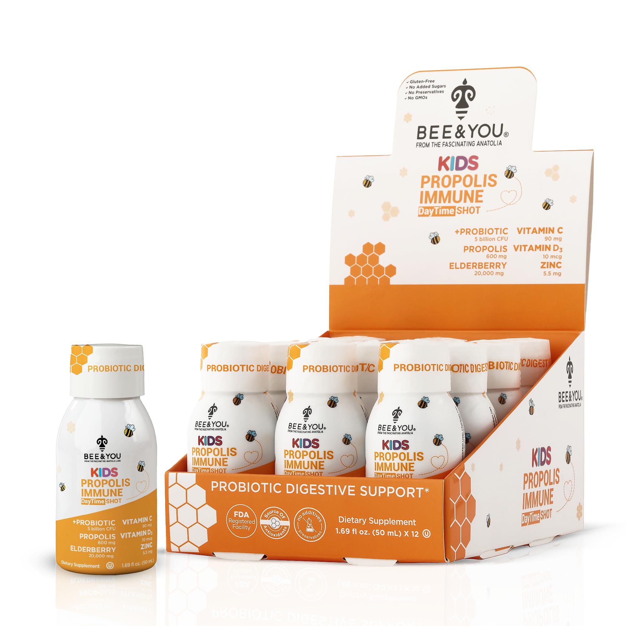 Bee and You Kids Propolis Immune Day Time Shot - Probiotic, Vitamin C, Vitamin D3, Zinc, Immune Support, Gut Health, Digestive Health, 1.69 Fl. oz, 12 Pack