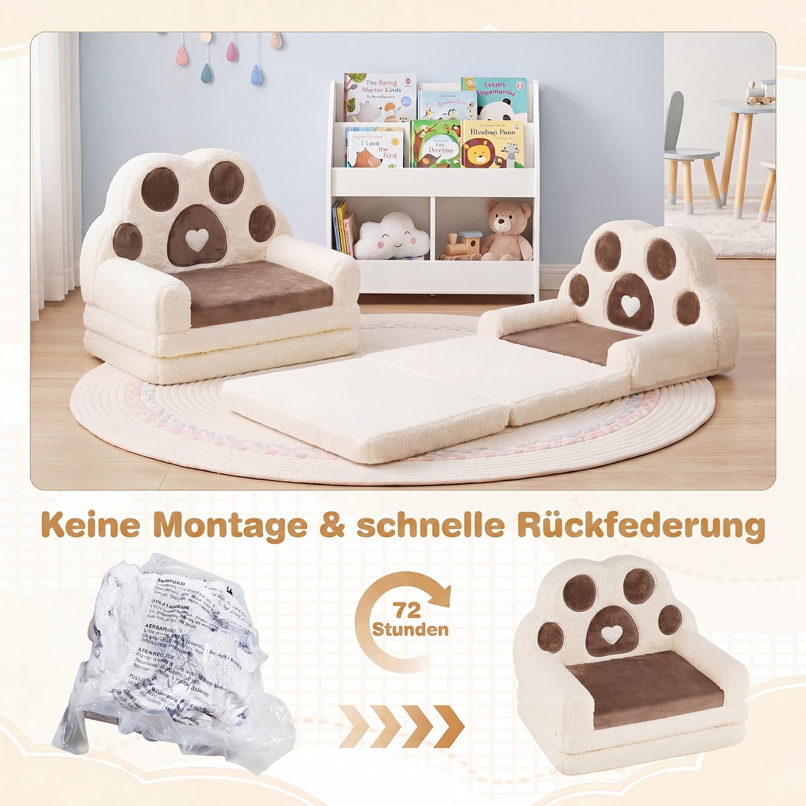 COSTWAY Sofa dziecięca 2 w 1 rozkładana w kształcie łapy niedźwiedzia