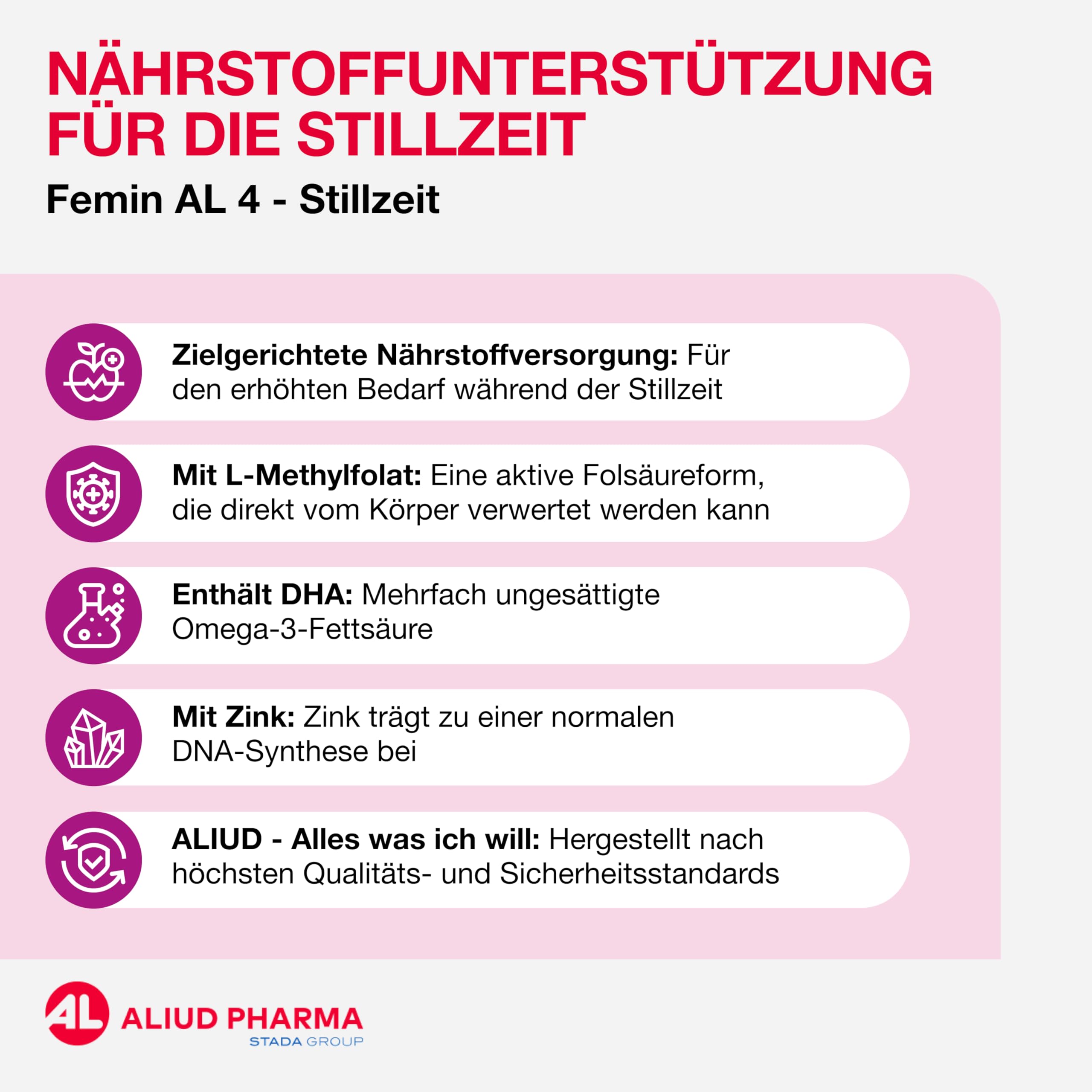 Femin AL 4 Stillzeit: Nahrungsergänzungsmittel für stillende Mama und Baby - L-Methylfolat/Folsäure & DHA Plus Vitamine & Mineralstoffe, unterstützt Blutbildung & Immunsystem, 90 Kapseln