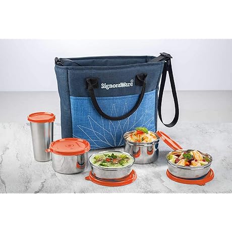 Signoraware Officier Steel Lunch Box with Blue Bag, Set of 5, 380 Ml+ 380 Ml+ 500 Ml+ 500 Ml+ 370 Ml, Red