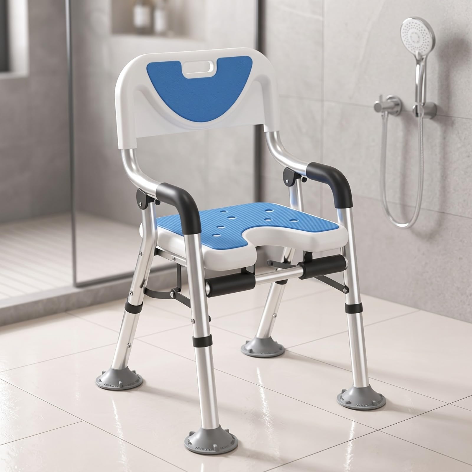 Qianly Silla Ducha con Brazos Segura Mueble | Altura Ajustable Adaptable, Silla para Ducha con Reposabrazos, Resistente Al Agua, Bañera, Ancianos, Gris