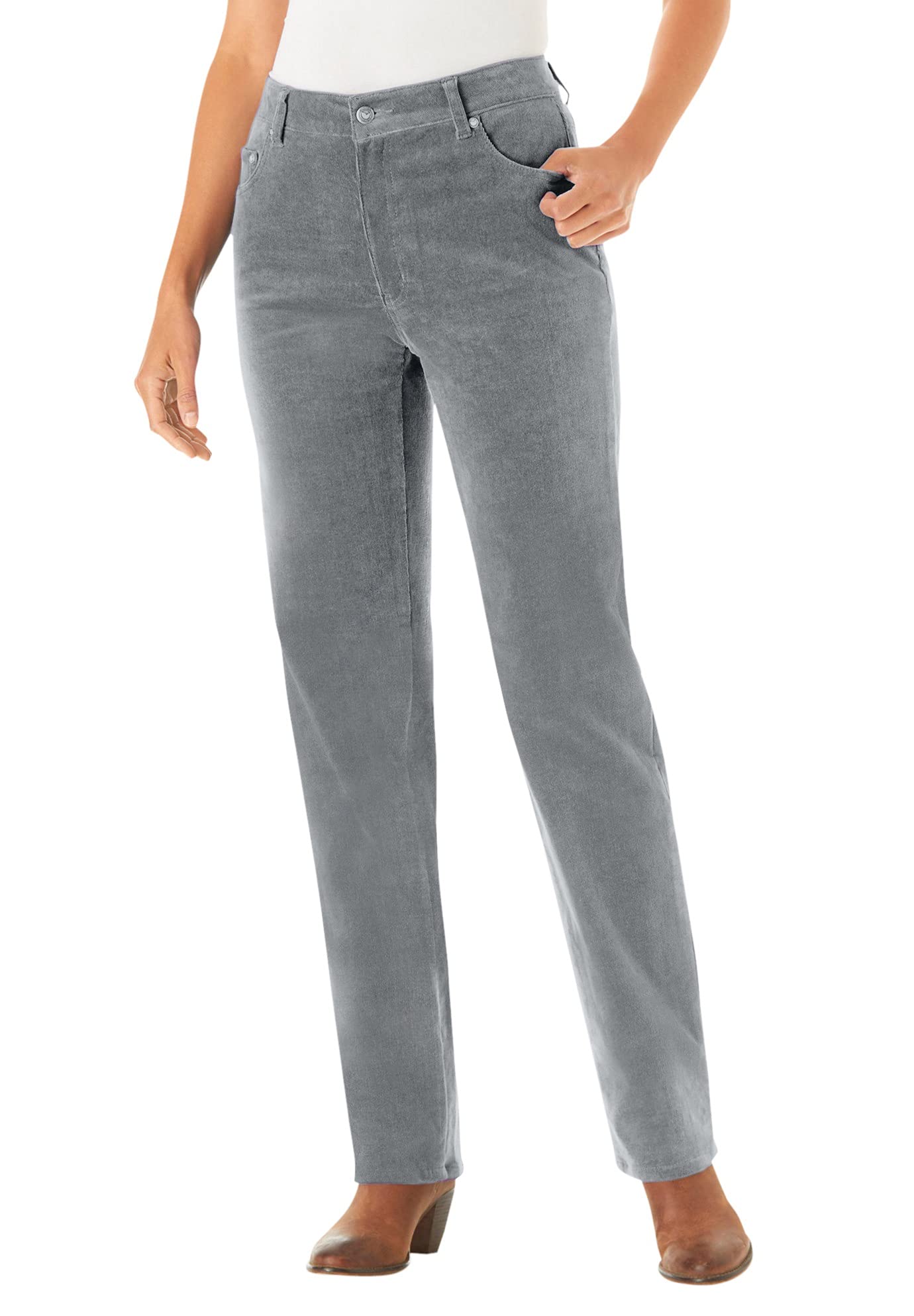 Woman Within Plus Size Petite Corduroy Straight Leg Stretch Pant - 26 W Gunmetal