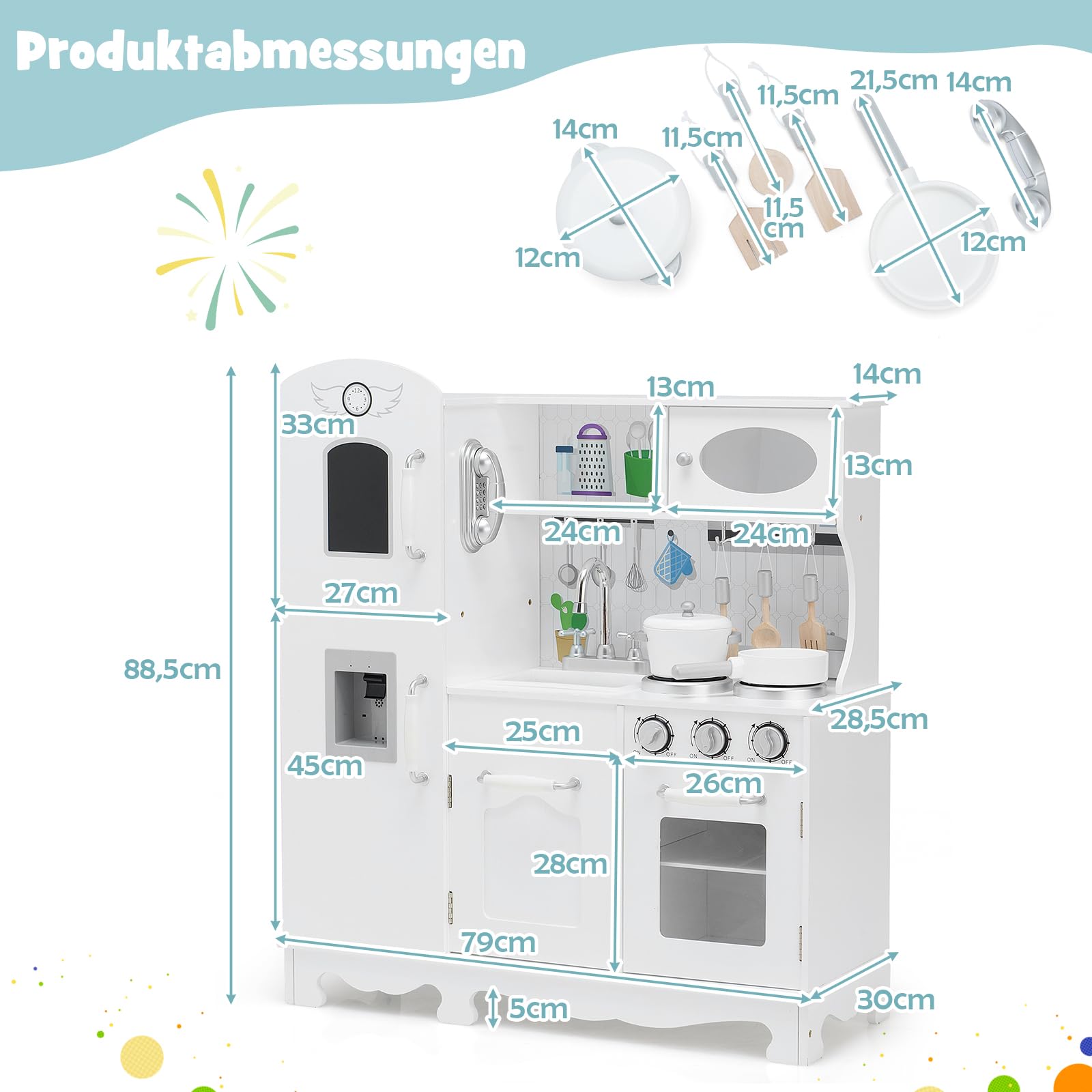 DREAMADE Kinderküche aus Holz mit Spielzubehör, Kinderspielküche mit Kühlschrank Spüle Herd Backofen, Holzküche Spielzeugküche, Spielküche mit Licht und Sound für Kinder ab 3 Jahren, Weiß