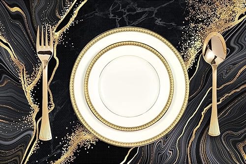 Housedoit Manteles individuales negros y dorados para mesa de cocina, comedor, resistentes al calor, antideslizantes, lavables, de PVC, fáciles de
