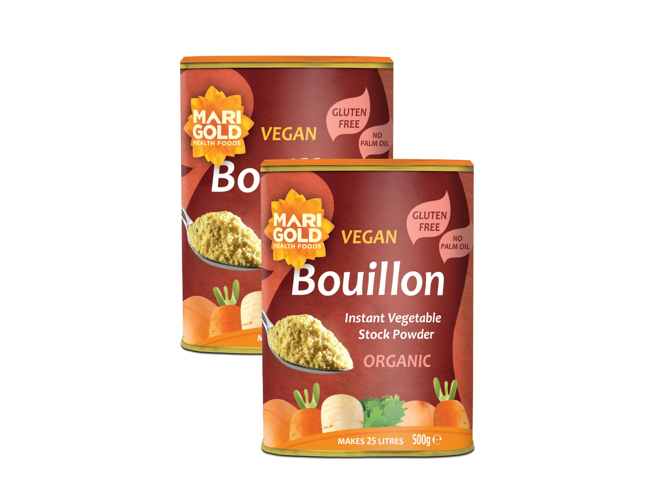 Marigold Organic Vegetable Bouillon Powder, 500g (Pack of 2) – Instant Vegan Stock Powder, Natural Ingredients, Low Calories – Ideal for Soups, Stews & Sauces.