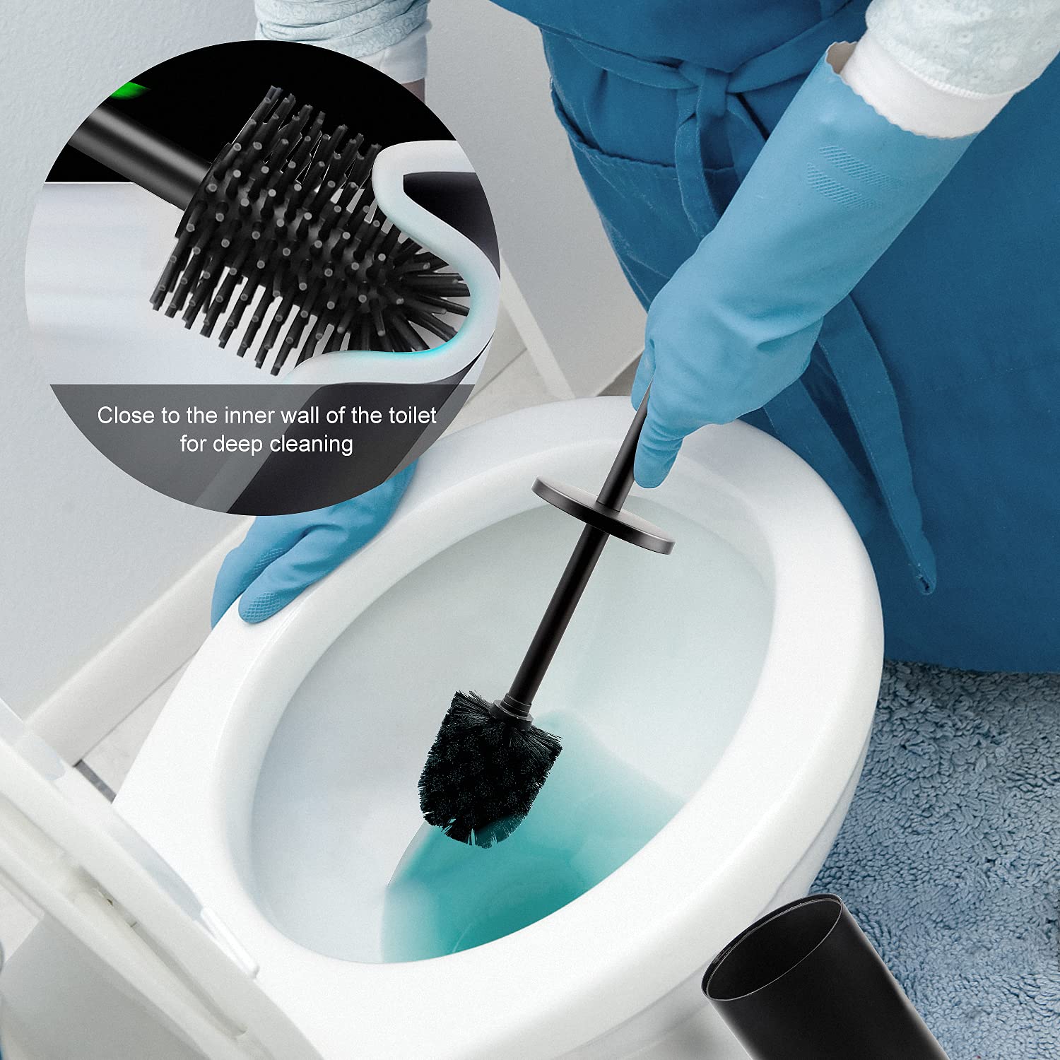EXLECO 2Pcs Escobillas de Baño Pared, Autoadhesivo Acero INOX Escobillero para WC con Mango Largo, Protección contra Salpicaduras y 2 Cepillo (Mate Negro)