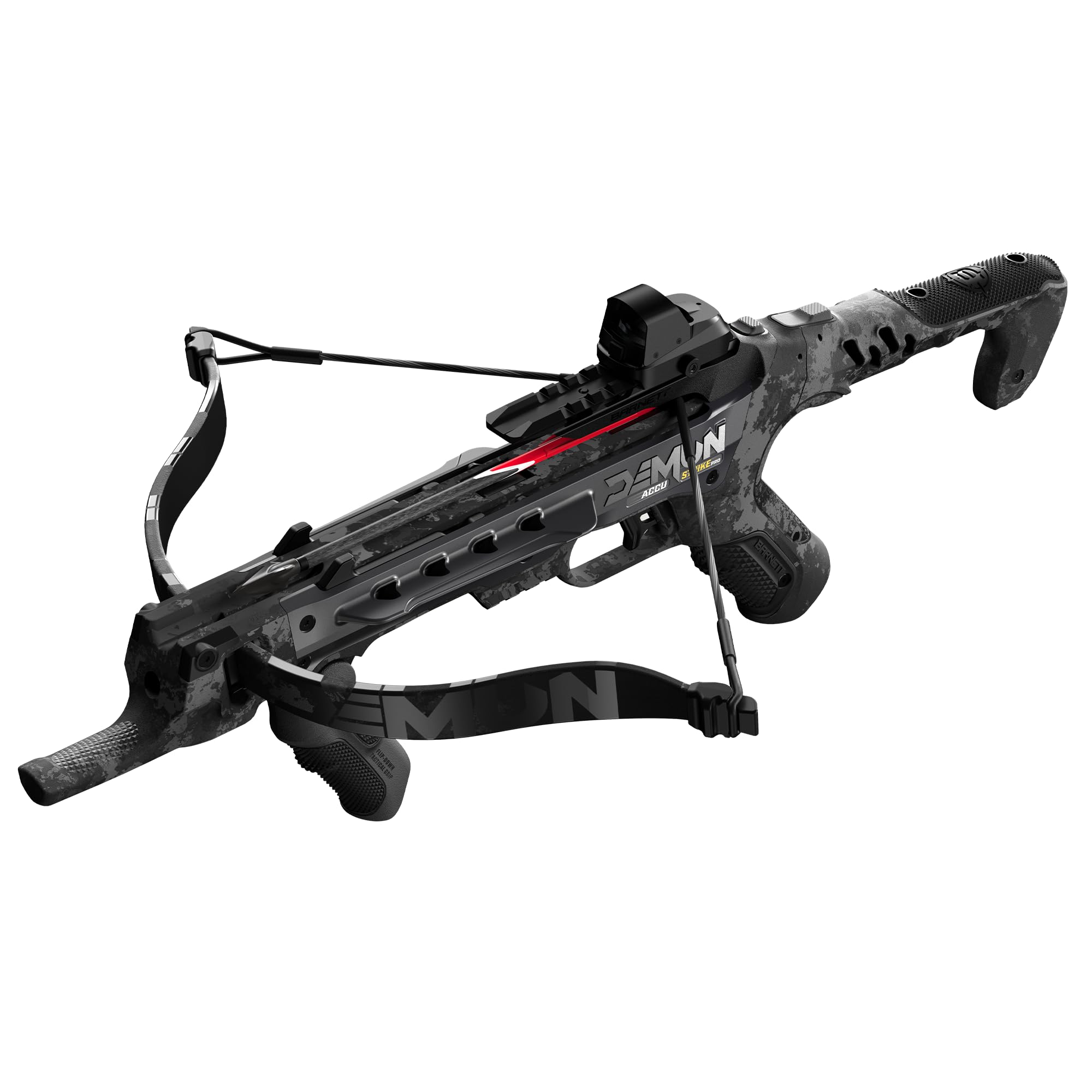 Barnett Demun Accu Strike Pro Mini Crossbow - Two Stage Break Action Cocking Mechanism, Reflex Red/Green Dot Sight, Flip Down Foregrip, 7 inch Bolts (5 Included), 210fps, Black Camo, Retractable Sling