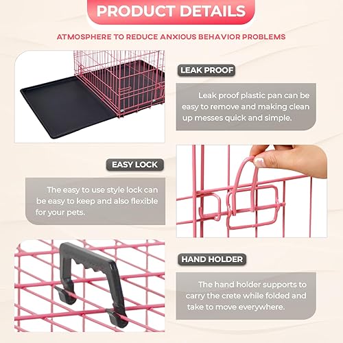 Miniatura 6 de FDW Jaula para perros grandes de 42 pulgadas plegable de metal para mascotas, doble puerta con panel divisor para interiores y exteriores, bandeja