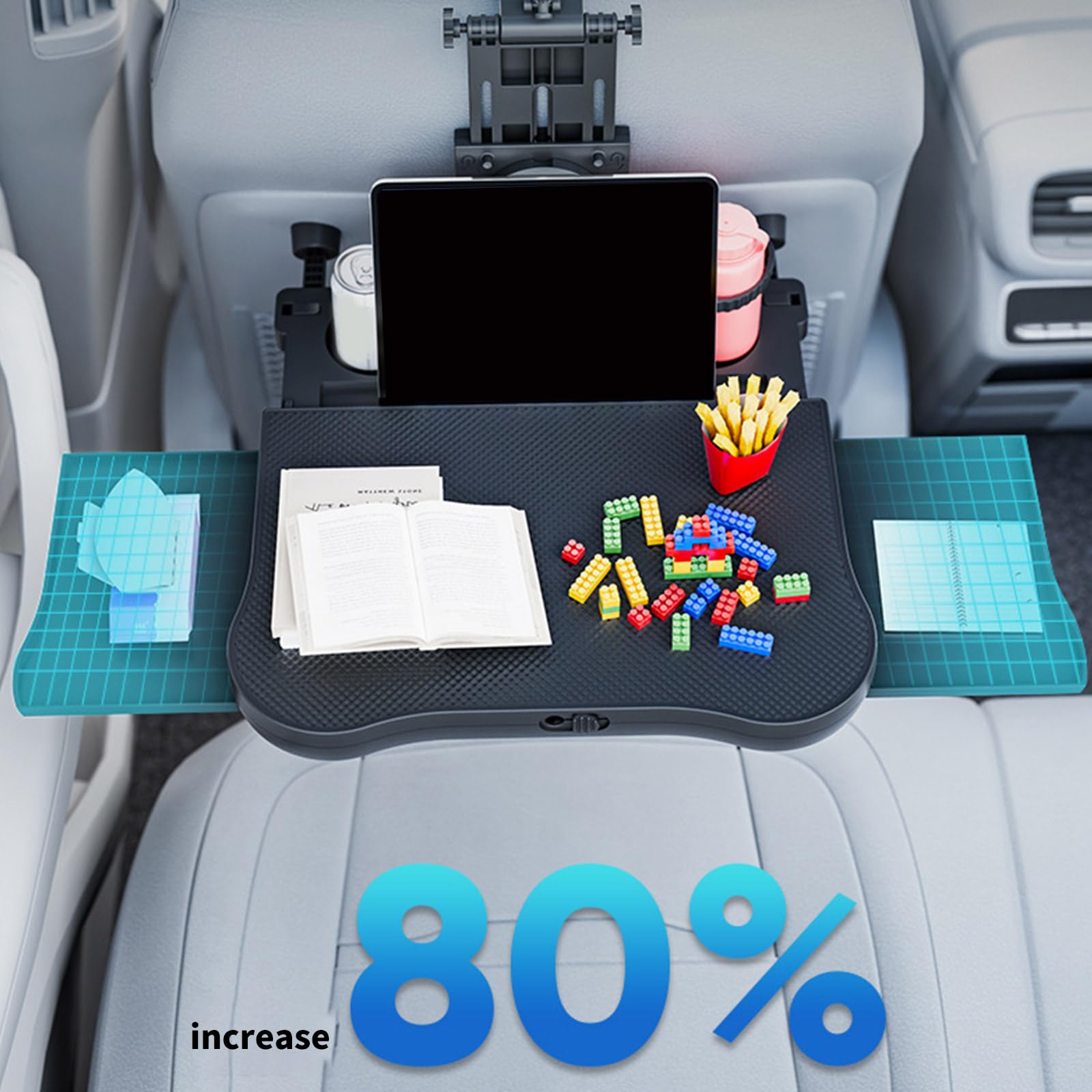Mesa de coche fácil de transportar con soportes expandibles para teléfono y almacenamiento de tazas, bandeja ergonómica para vehículos, mejoras para comer y trabajar, escritorio