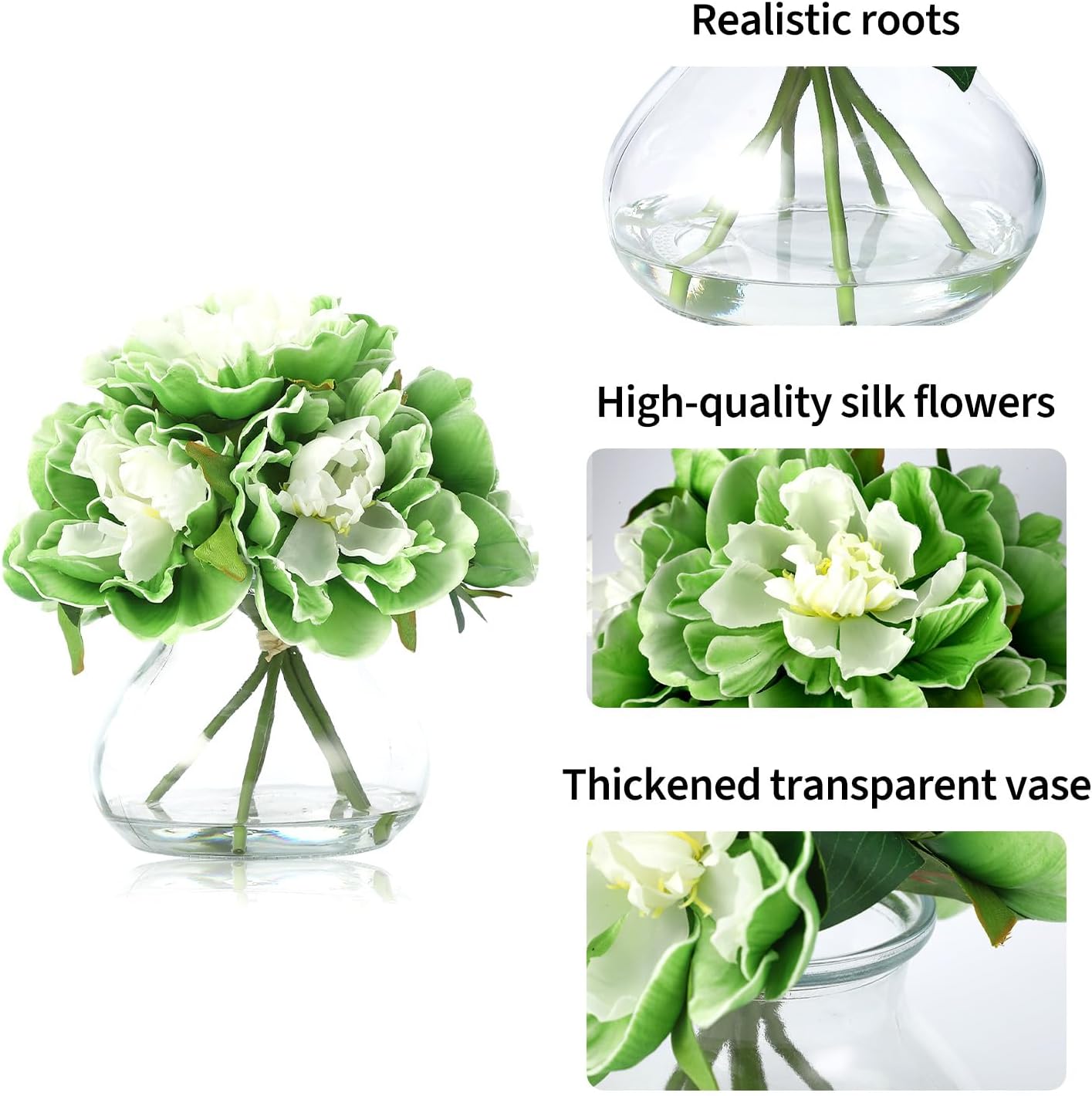 GarveeTech Real Touch Silk Peony Artificial Flowers, Green Peonies in Glass Vase with Faux Water, Large Flower Arrangement for Wedding Centerpiece, Home Table, Party & Bathroom Decor