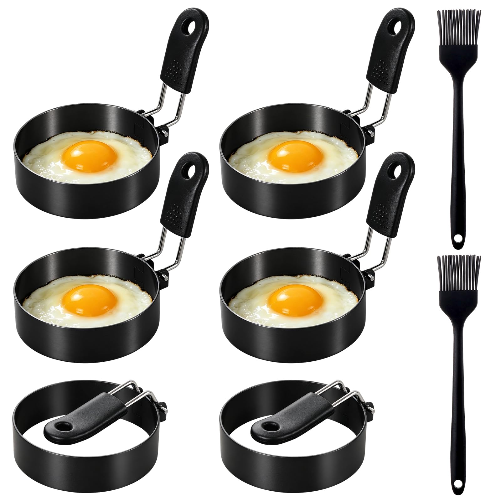 Aramanara 6 Pcs Stainless Steel Egg Rings for Frying, 7.5 cm Round Fried Egg Mold, Non Stick Egg Ring Molds, Egg Cooking Ring with Anti-scald Handle and Oil Brush for Kitchen Breakfast Egg Sandwiches