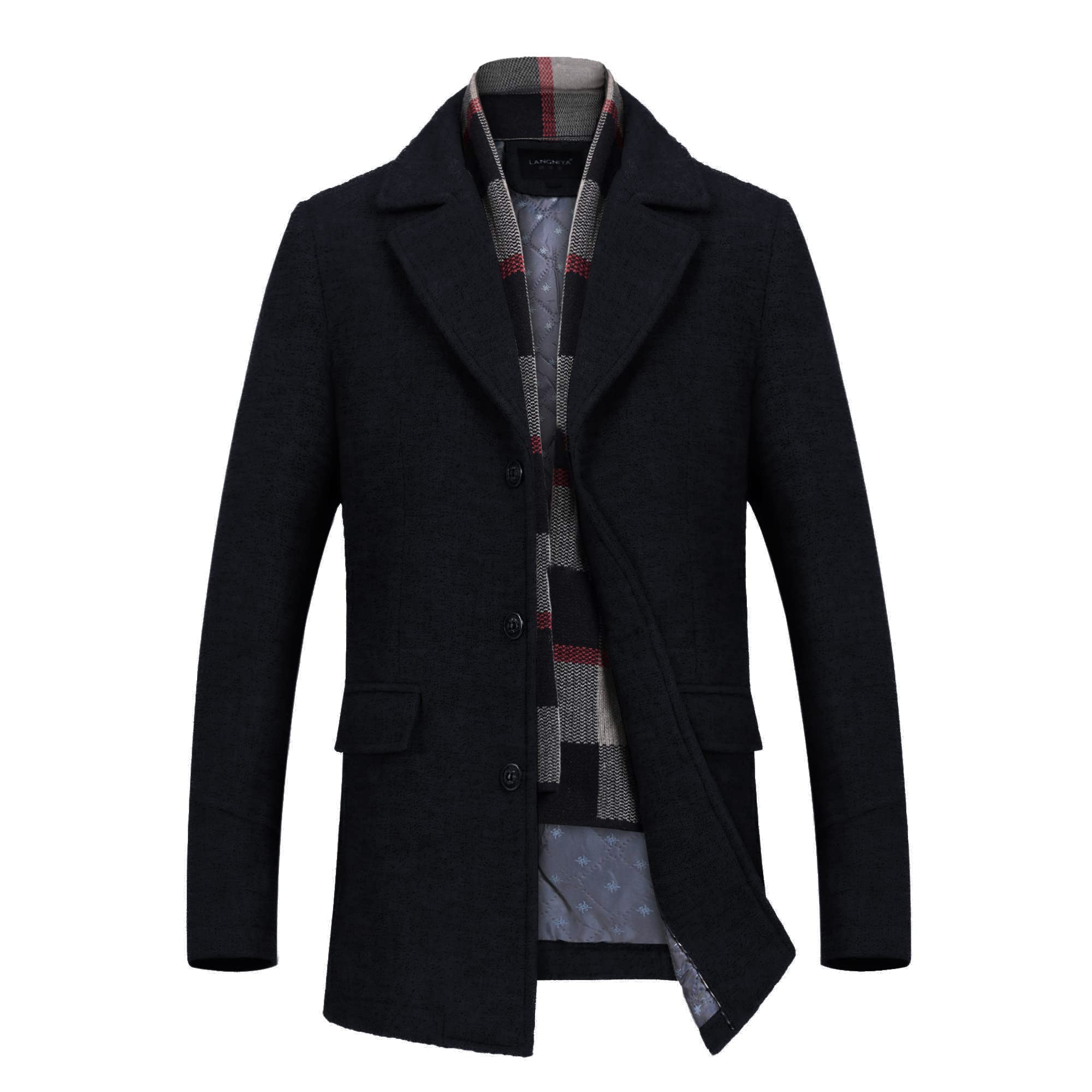 Mens Wool Blend Coat Winter Trench Coat with Detachable Soft Scarf Single Breasted Overcoat