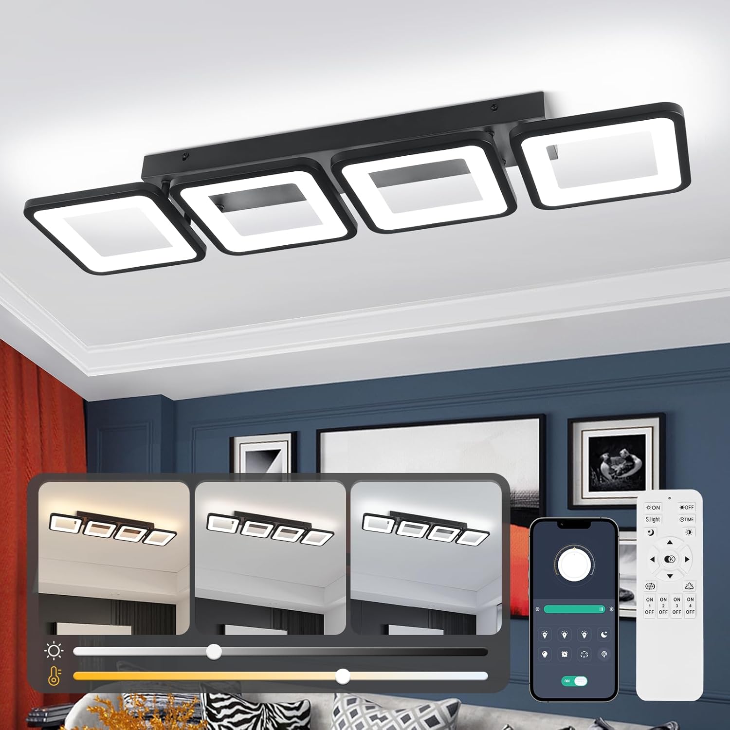 Modern LED Ceiling Light, 27.17inch Black LED Dimmable Ceiling Lights with Remote Control, 4-Square Black Long Ceiling Lamp for Hallway Dining Room Bedroom Office Kitchen Living Room