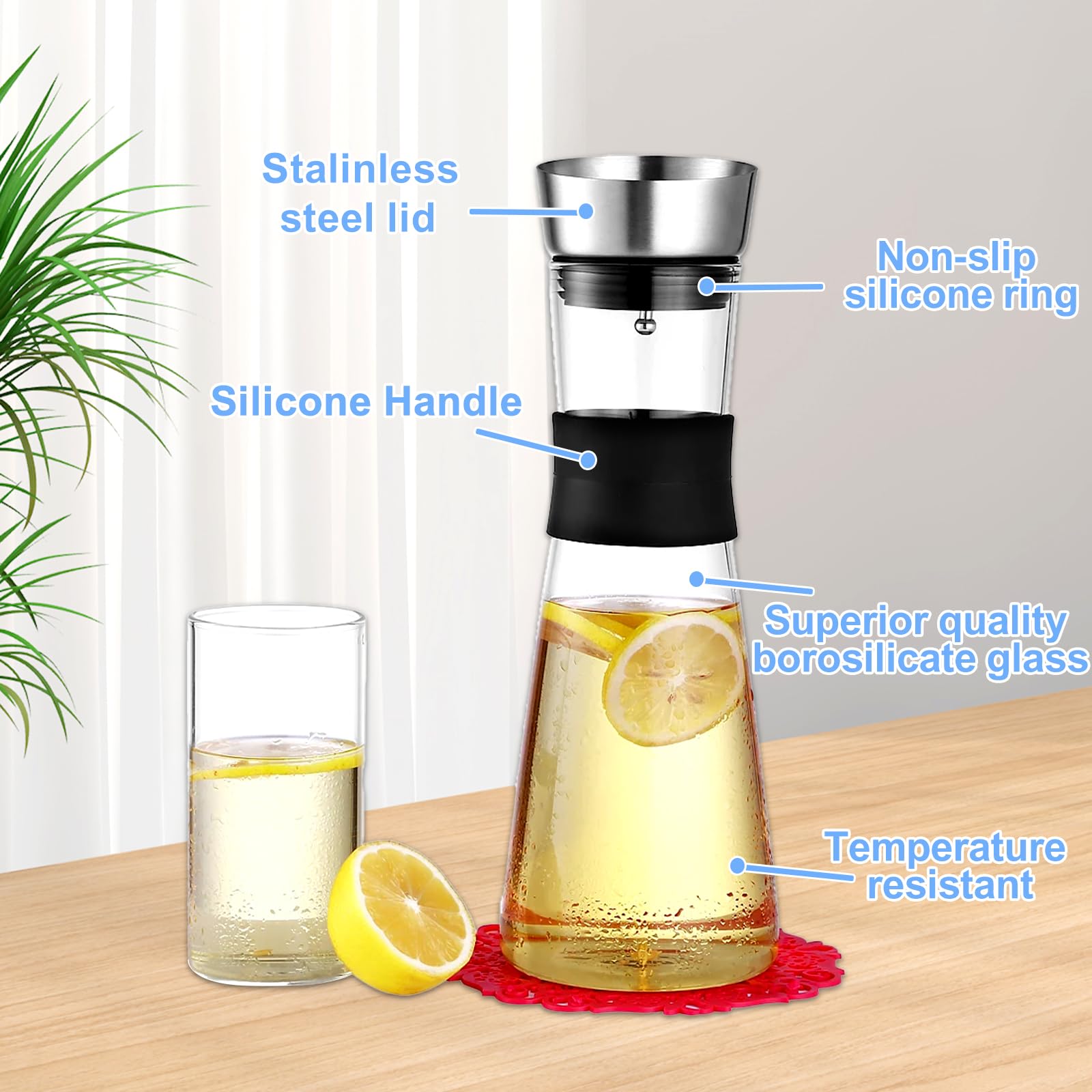 Carafe Filtrante Verre Carafe Verre ZHHGOO 1500ml - Pichet Avec Couvercle Inox Pour Thé, Lait, Boissons Récipient Verre Pour Thé Glacé Et Boissons