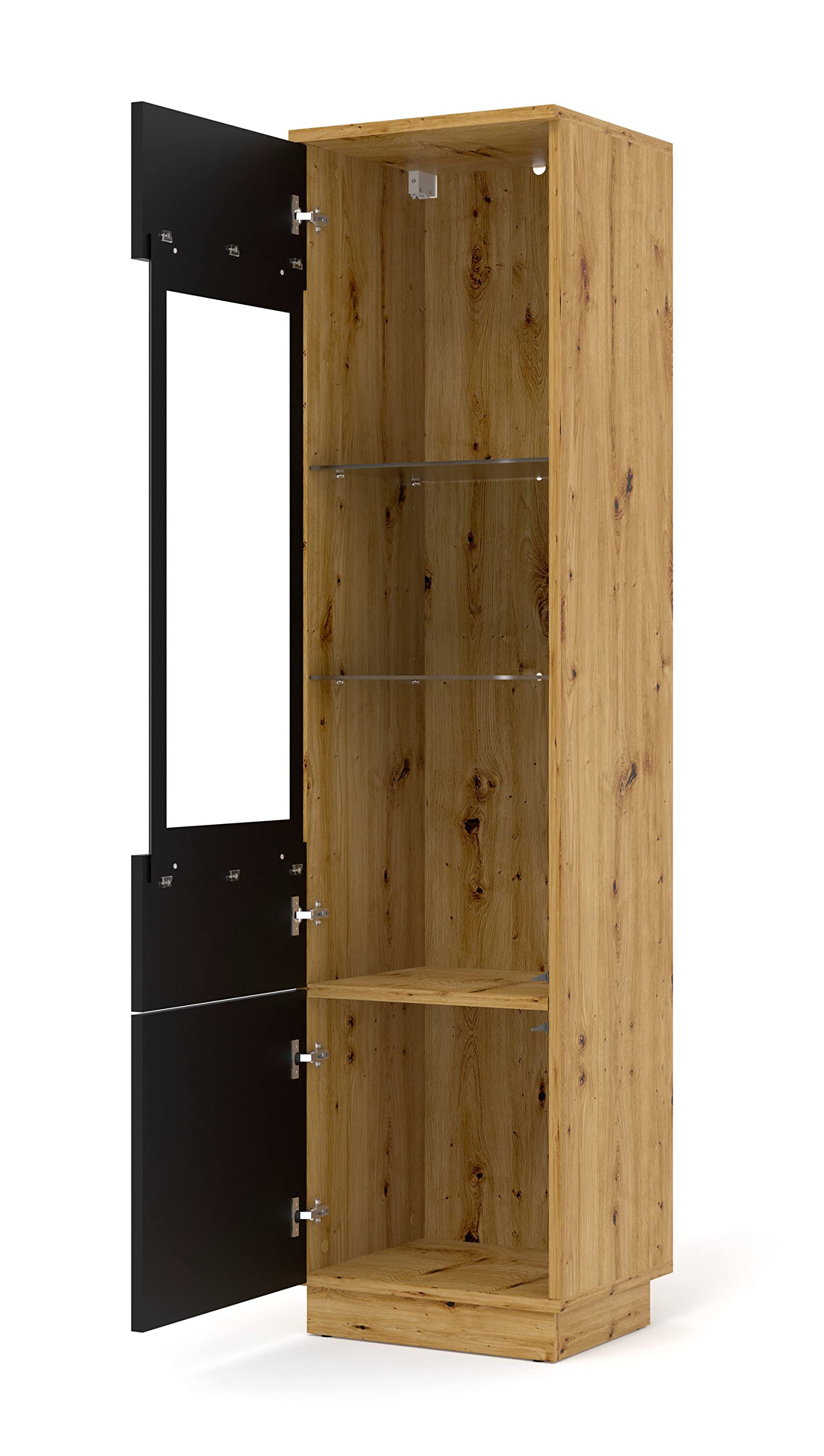 BIM Furniture Vitrina Aura – Armario colgante o vitrina de pie, armario de salón 33 x 37 x 150 cm, moderno, espacio de almacenamiento, roble Artisan/negro mate