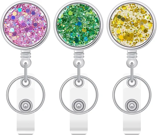 TANOSII Resin Retractable Badge Holder Retractable ID Badge Reels with Keychain，Badge Clip and Retractable Rope for Doctor Nurse Office Staff Circle 3 Packs Green Golden Purple