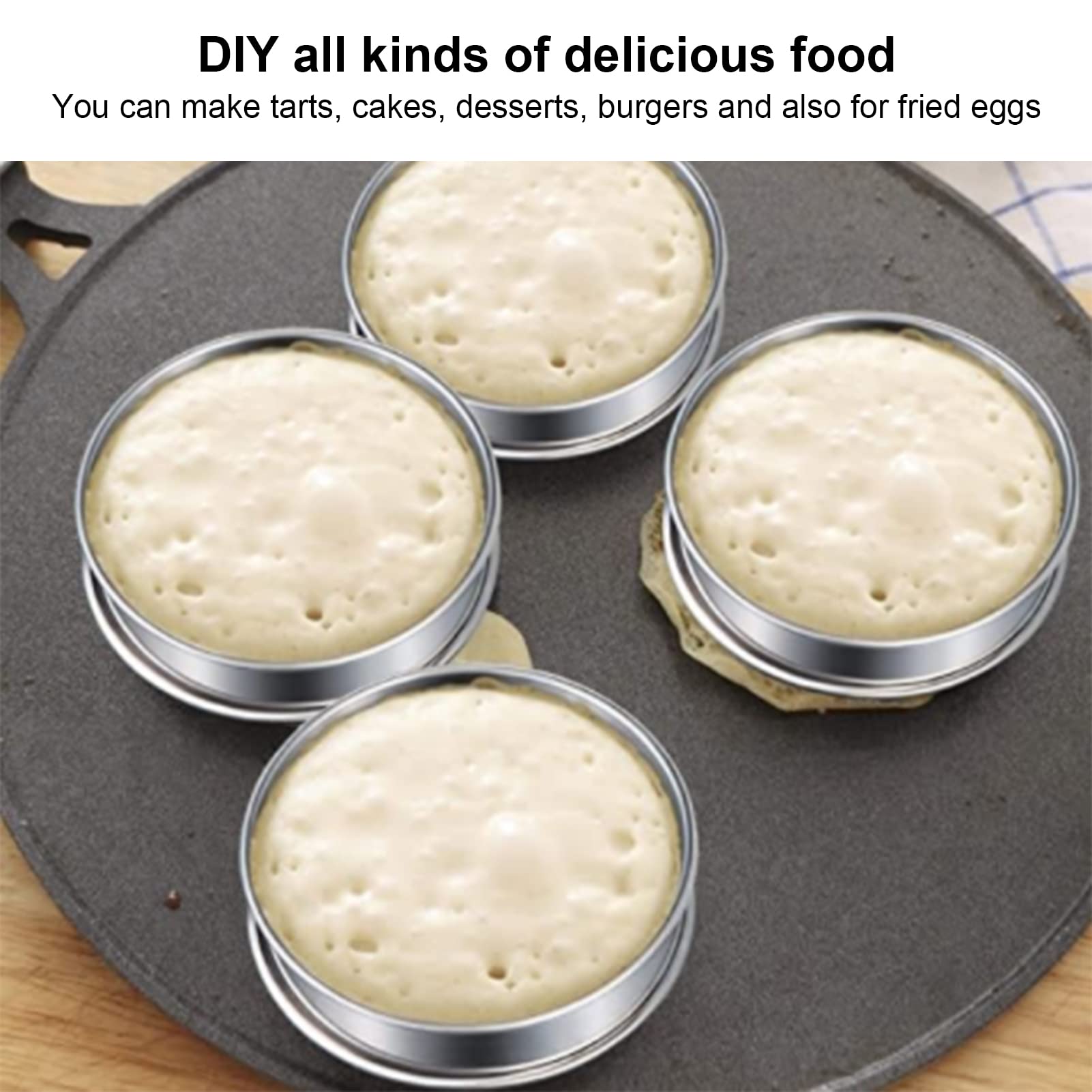 Crumpet Rings Stainless Steel, Double Rolled Design Nonstick Metal Round for Baking, 6 Pack with a Silicone Brush, for Home Baking,Stainless Steel Muffin (10cm)