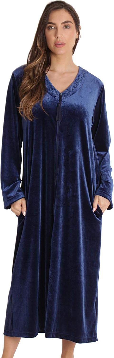 Just Love Stretch Velour Embroidered Zipper Lounger Robe for Women with Pockets