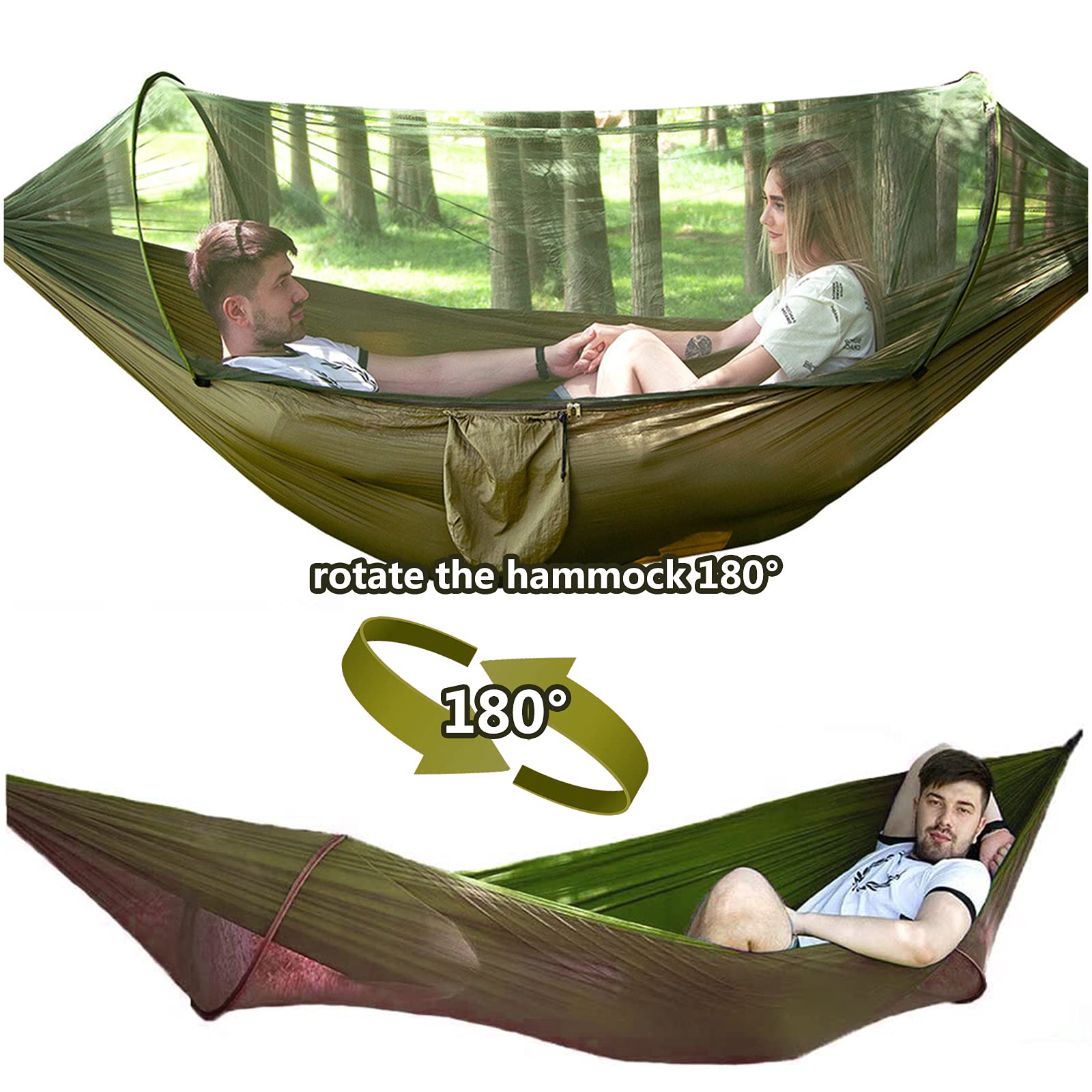 Hamac de camping portable avec moustiquaire, léger, capacité de 200 kg, pour les aventures en plein air (260 x 140 cm)