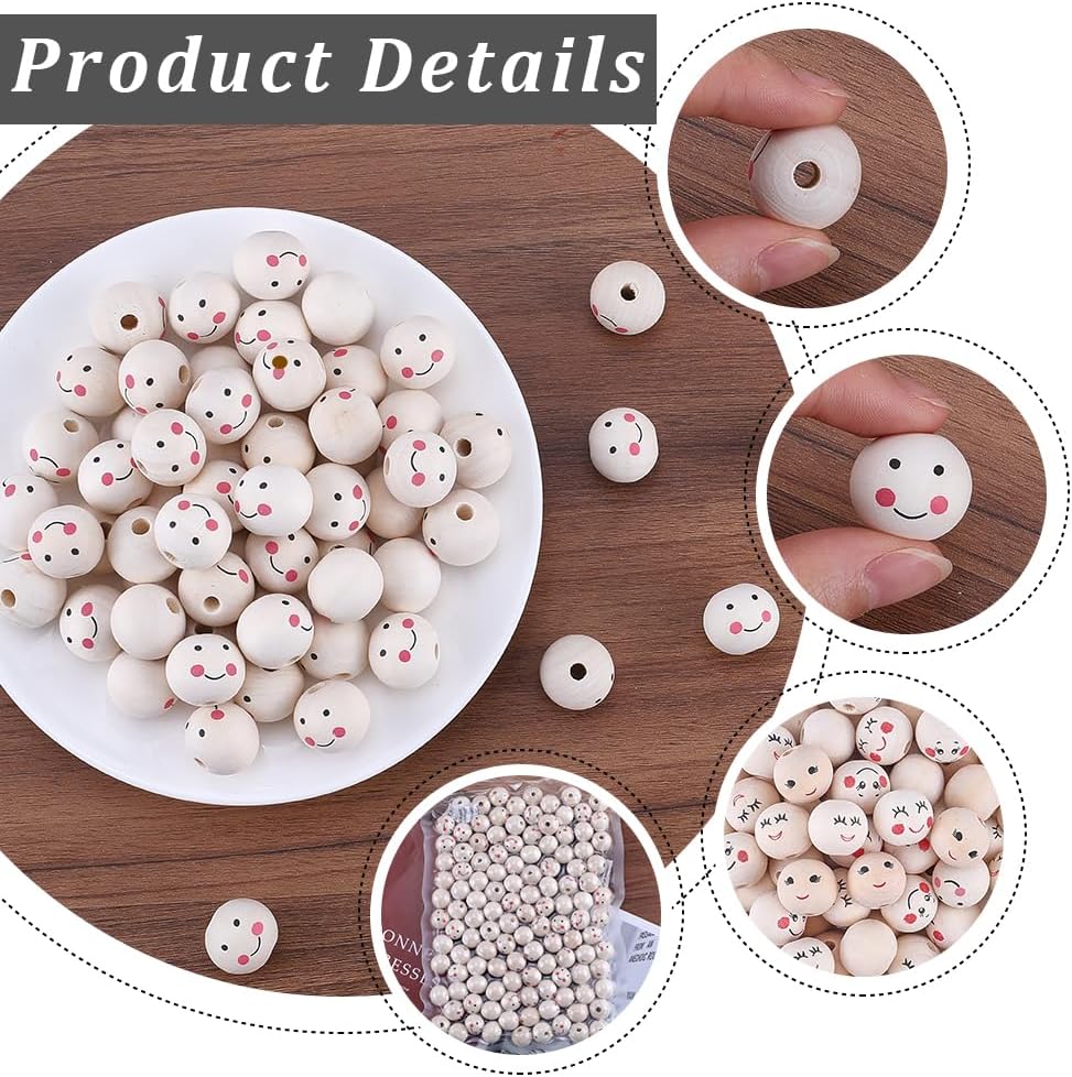 GORGECRAFT 100PCS 5 Styles Smiling Face Wooden Beads 20MM Large Round Natural Large Bulk Smile Face Doll Head Beads Spacer 5MM Hole Ball for Jewelry Making DIY Craft Christmas Garland Project Festival