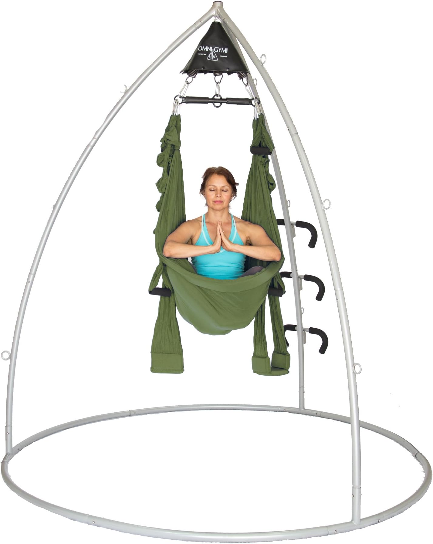 Omni Gym- The Includes a Yoga Swing, Spring Trapeze, and Stand for Aerial Yoga, Suspension Trainer, Inversion, Back Pain (Silver Stand, Green Swing, 8'2")