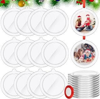 24 Pcs 2025 Christmas Clear Round Frame Ornaments with Red Ribbon, Acrylic Blank Round Photo Frame Bulk, Hanging Photo Ornaments for Christmas Tree Decoration (Classic Style)