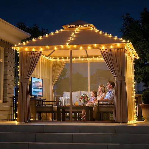 Aoxun 10x10 Outdoor Gazebo with 50FT LED Hanging Lights Metal
