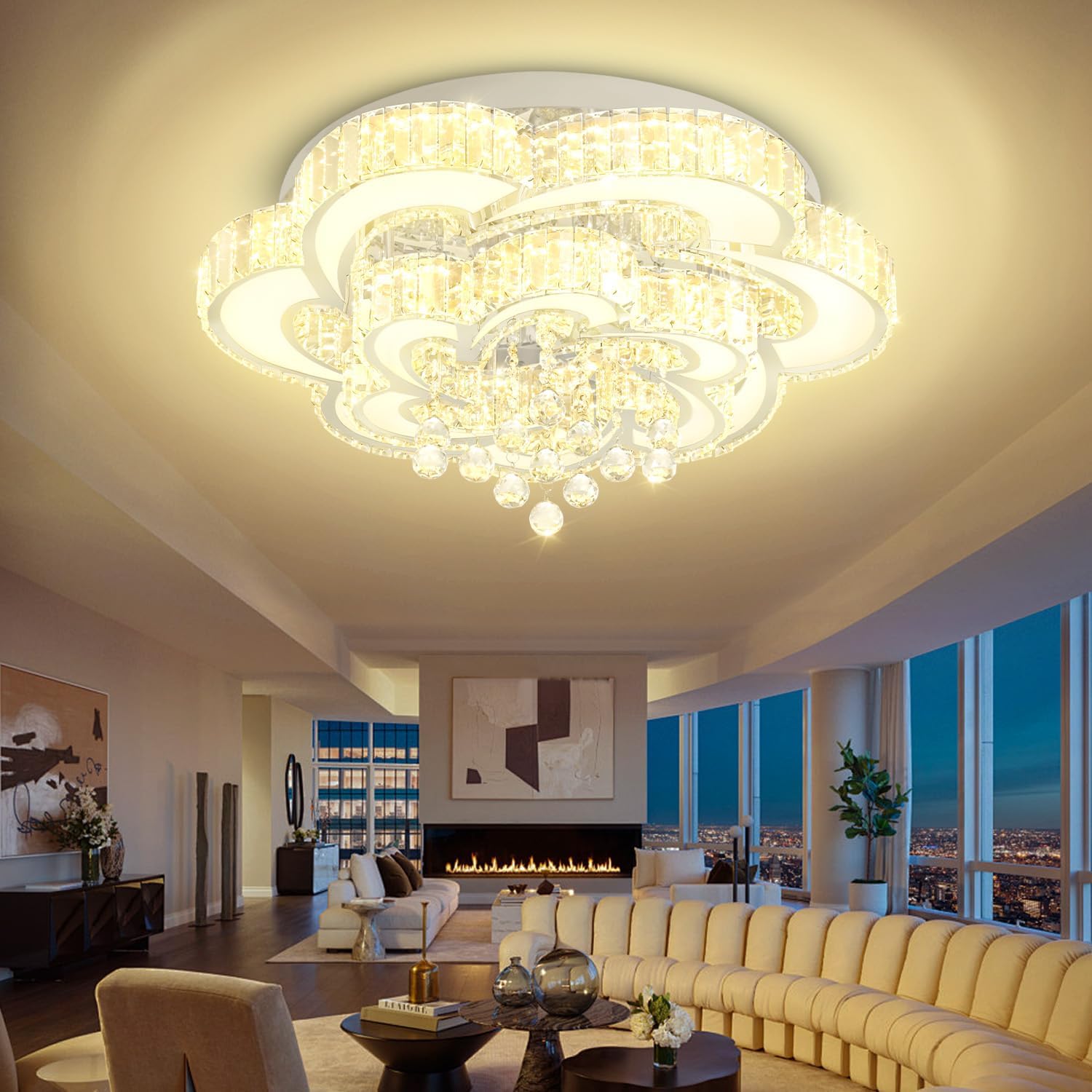 Flashing God Dia 24'' Crystal Chandeliers Modern Chandelier for Living Room LED Dimmable Pendant Light Fixture with Remote Flush Mount Ceiling Lights for Bedroom Entryway Hallway Silver