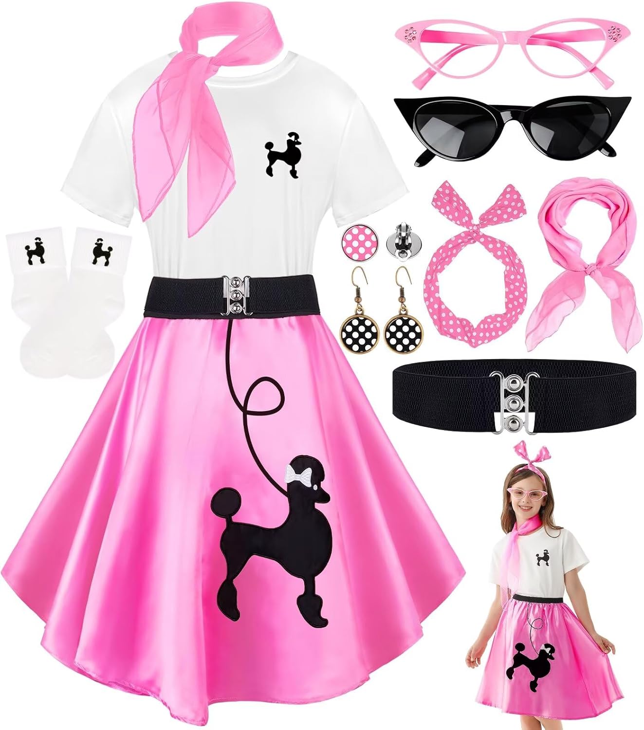 10Pcs Sock Hop Outfits Girls, 50s Costumes for Kids, Poodle Skirts, T-Shirt with 1950s Accessories Halloween Dress Up