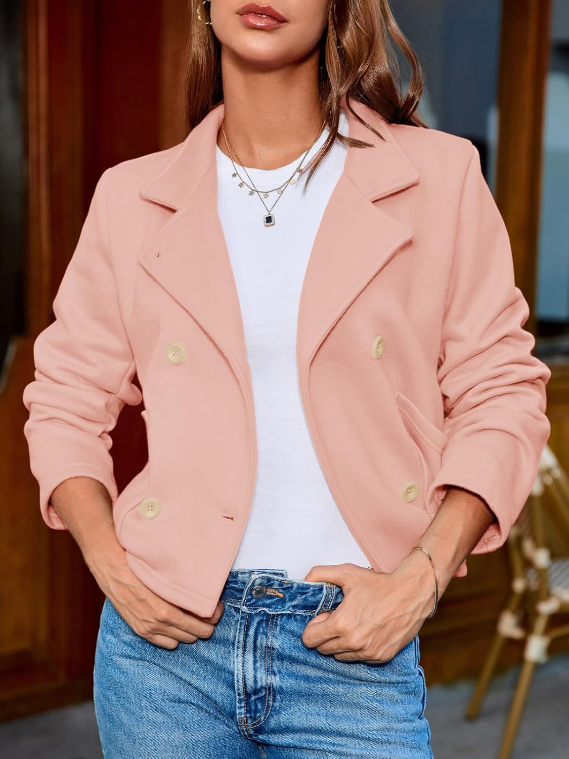Fisoew Womens Cropped Blazers Business Casual Loose Fit Suits Double Breasted Open Front Cotton Blazer Jacket - Image 3