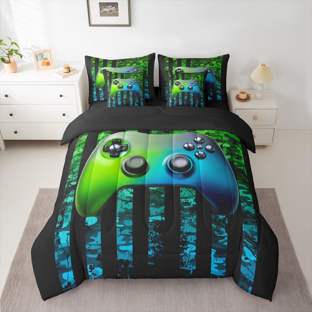 Erosebridal Gamer 7 Piece Bedding Set Full Boys American Flag Comforter Set with Sheets Gaming Bed in a Bag Military Camo Retro Bed Sets