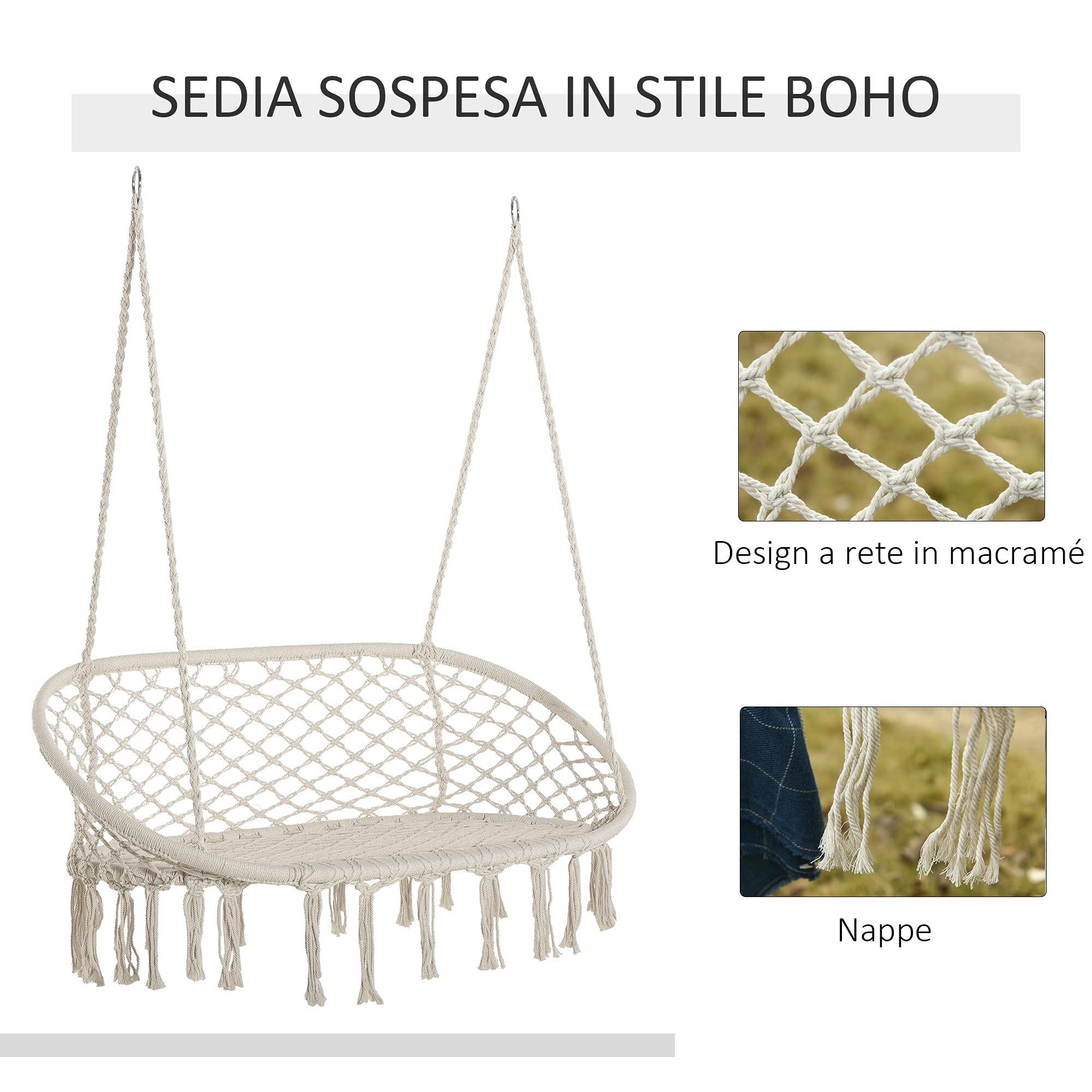 Outsunny Amaca a Dondolo da Giardino e Casa a 2 Posti, Telaio Metallo e Seduta Cotone 130x75x35cm, Bianco Crema
