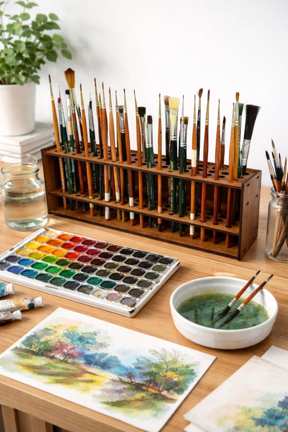 SODEF MDF Wooden Brush Stand, Desktop Paint Brush Organizer, 10.2x2.8x3.7 Inches, Brown - Brown