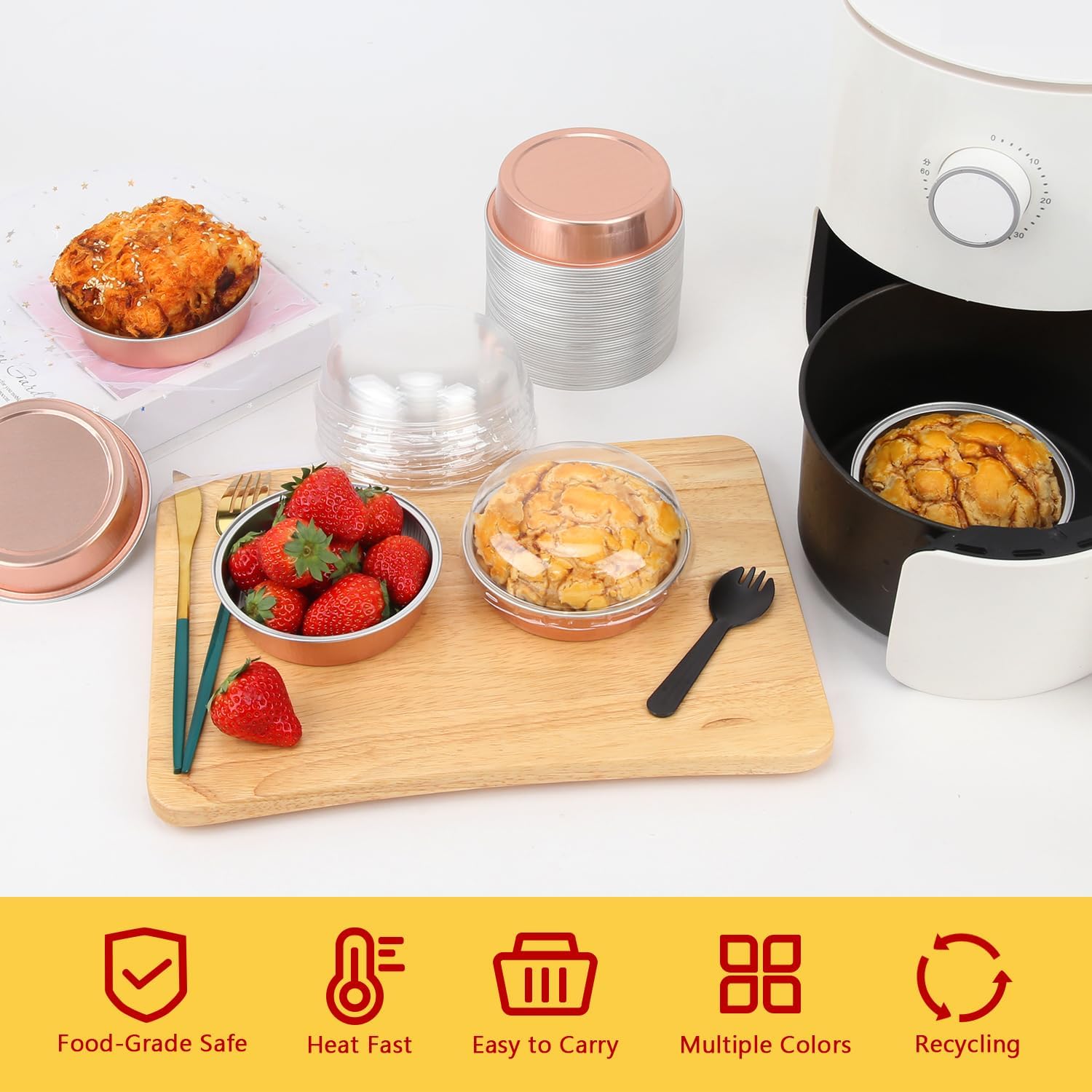 LNYZQUS 8oz Mini Cake Pans with Lids 50 Pack, 4” Disposable Small Pie Pans Aluminum Foil Baking Tins Ramekins,Small Baking Pans Muffin Containers Holders for Wedding Party-Champagne