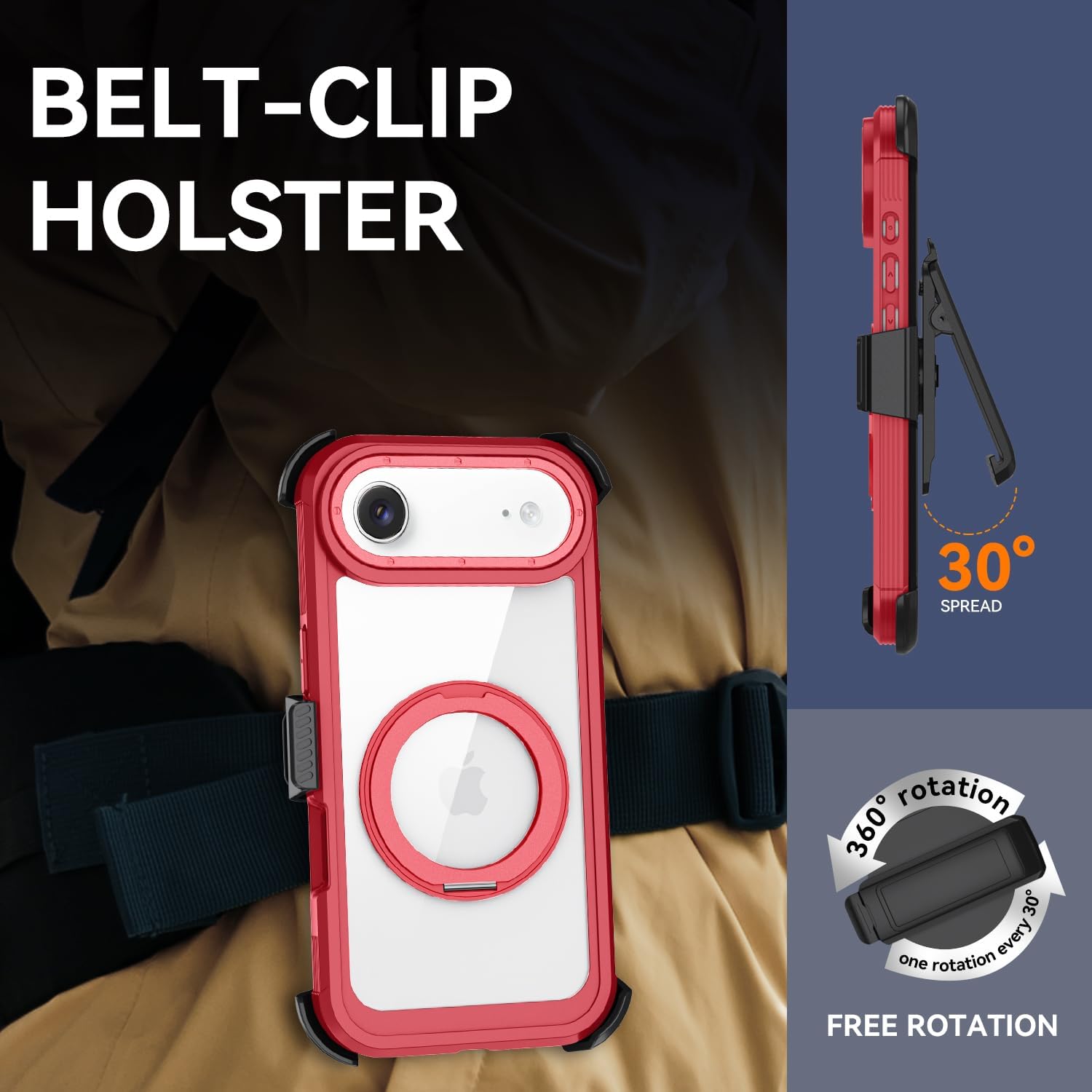 Magnetic for iPhone Air Case, Compatible with MagSafe, Full Body Rugged Case with Built-in Screen Protector & Kickstand & Belt-Clip (Red)