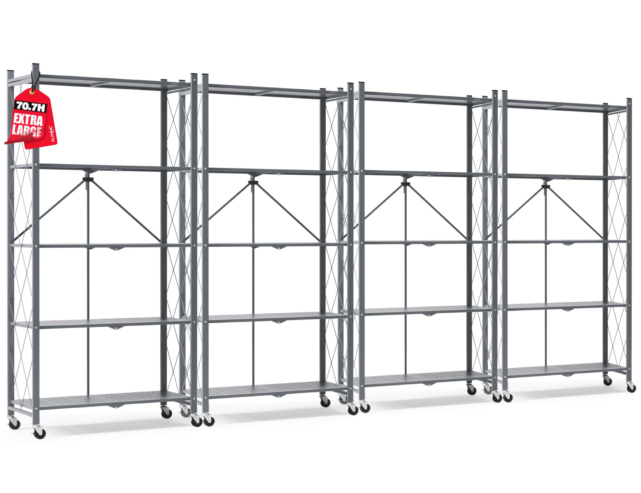 ALANNG 70.7" H Metal Storage Shelves, 5 Tier Folding Shelf on Wheels