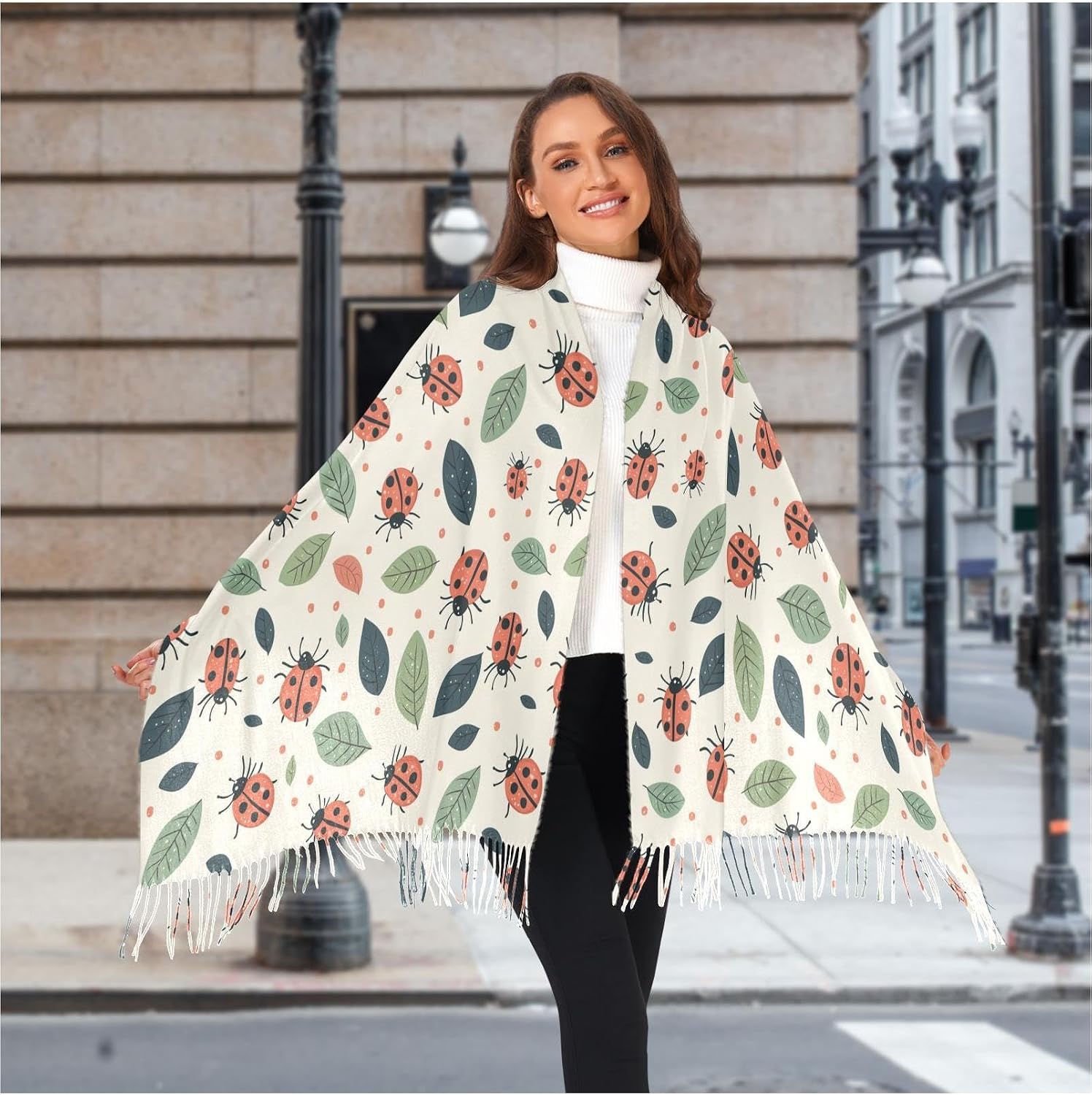 Winter Scarf for Women Insects Green Leaves Fashion Tassel Shawl Wraps for Women, Cold Weather Warm Womens Scarves Soft Long Scarf Gifts