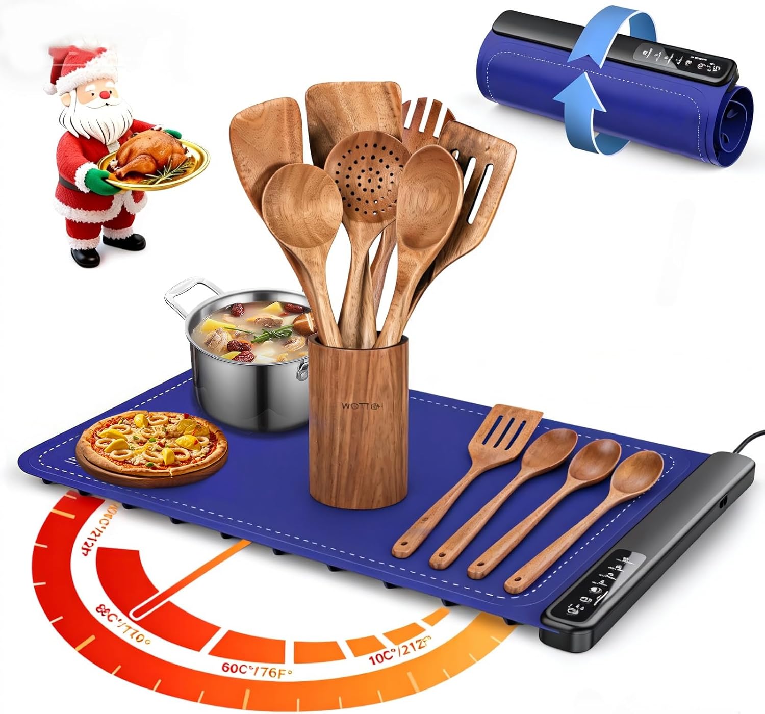Warming Mat for Food and kitchen utensils set,Wooden Utensil Set with Electric Food Warming Mat – Complete Serving Solution for Dinner Parties, Buffets, Holiday Gatherings, Everyday Elegance