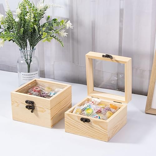Miniatura 5 de 2 cajas pequeñas de madera con tapa con bisagras, caja de madera sin terminar con tapa de vidrio, pequeña caja de joyería de madera para regalo,