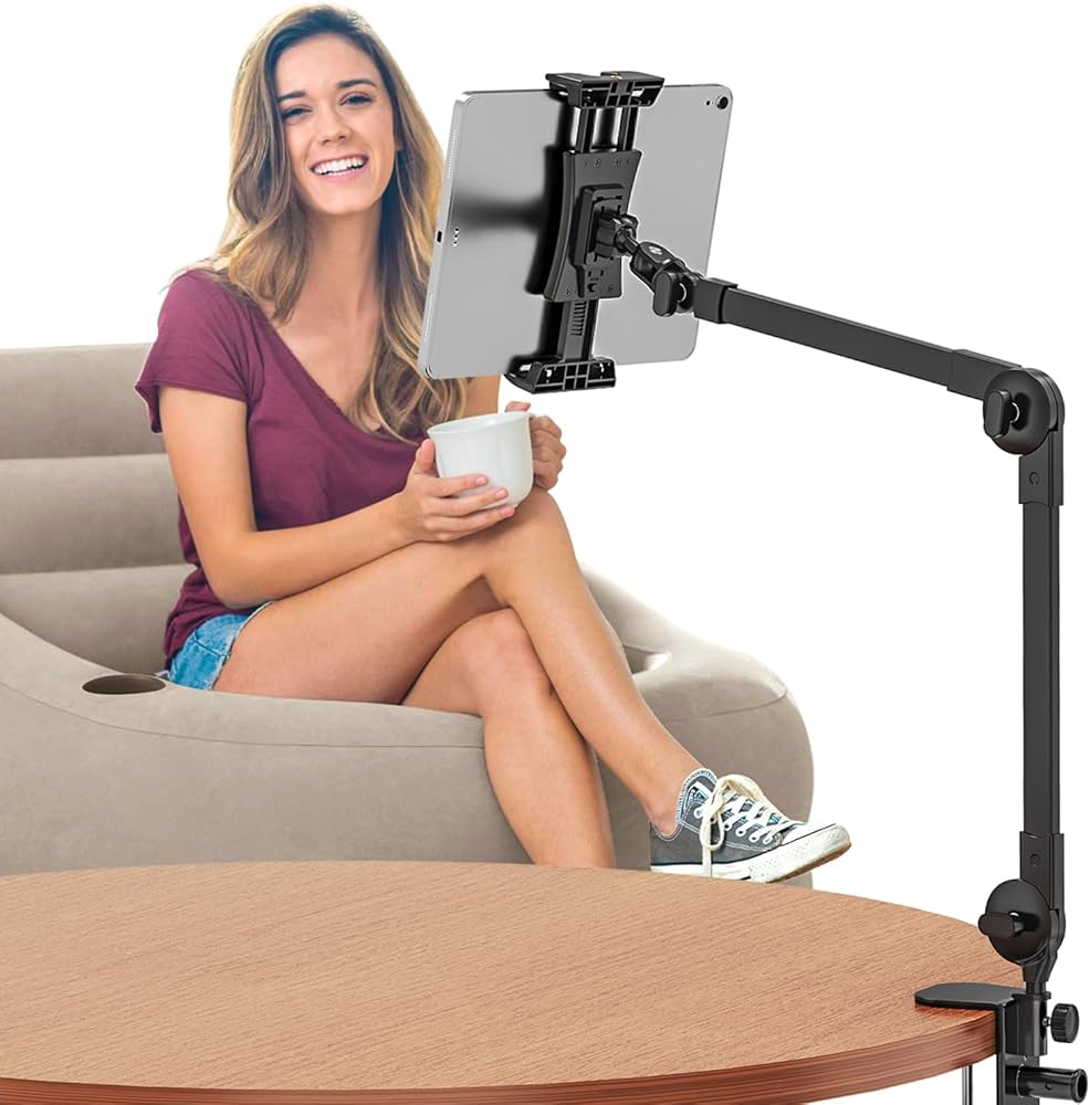 Support Pour Tablette Bras Métallique Réglable - Pince Jusqu'à 16 Pouces - Pour Cuisine, Lit, Bureau