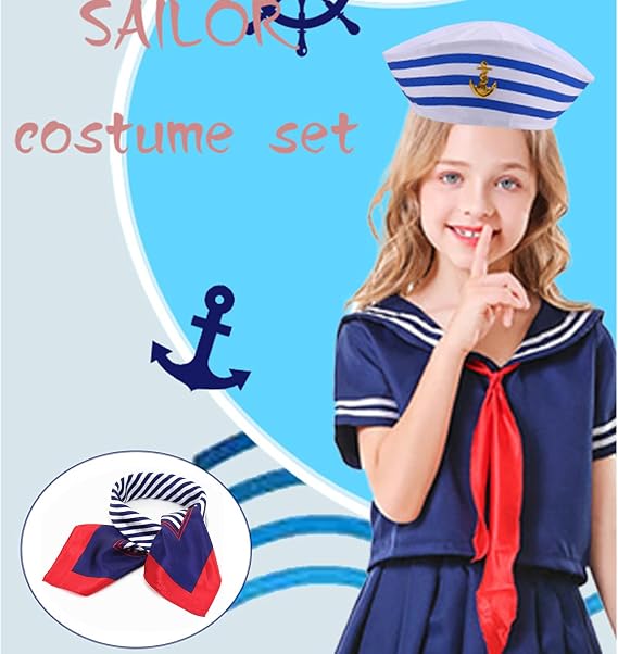 SSKHE 4pcs Captain Sailor Costume Set,Stripes Sailor Hat and Scarf Set,Yacht Captain Cap,navy dress accessories,Navy Outfit Dressing,sailor and captain costume accessories for Women Men Costume