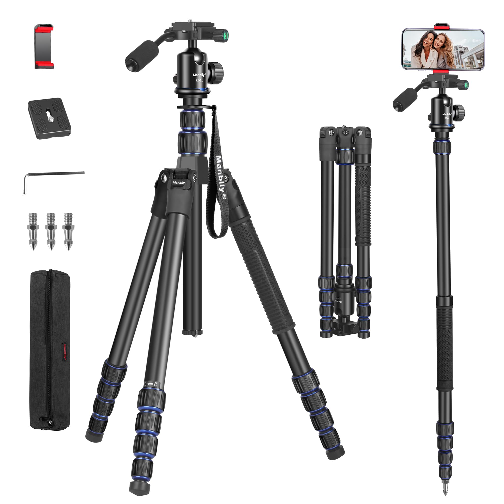 Stativ Kamera Manbily 188cm 74" Dreibein stative Leichtes Kompaktstativ 360° Kugelkopf mit Griff für DSLR Kamera Einbeinstativ Reisestativ aus Aluminium 1/4'' Gewinde Projektor Video Fotostativ Vlog