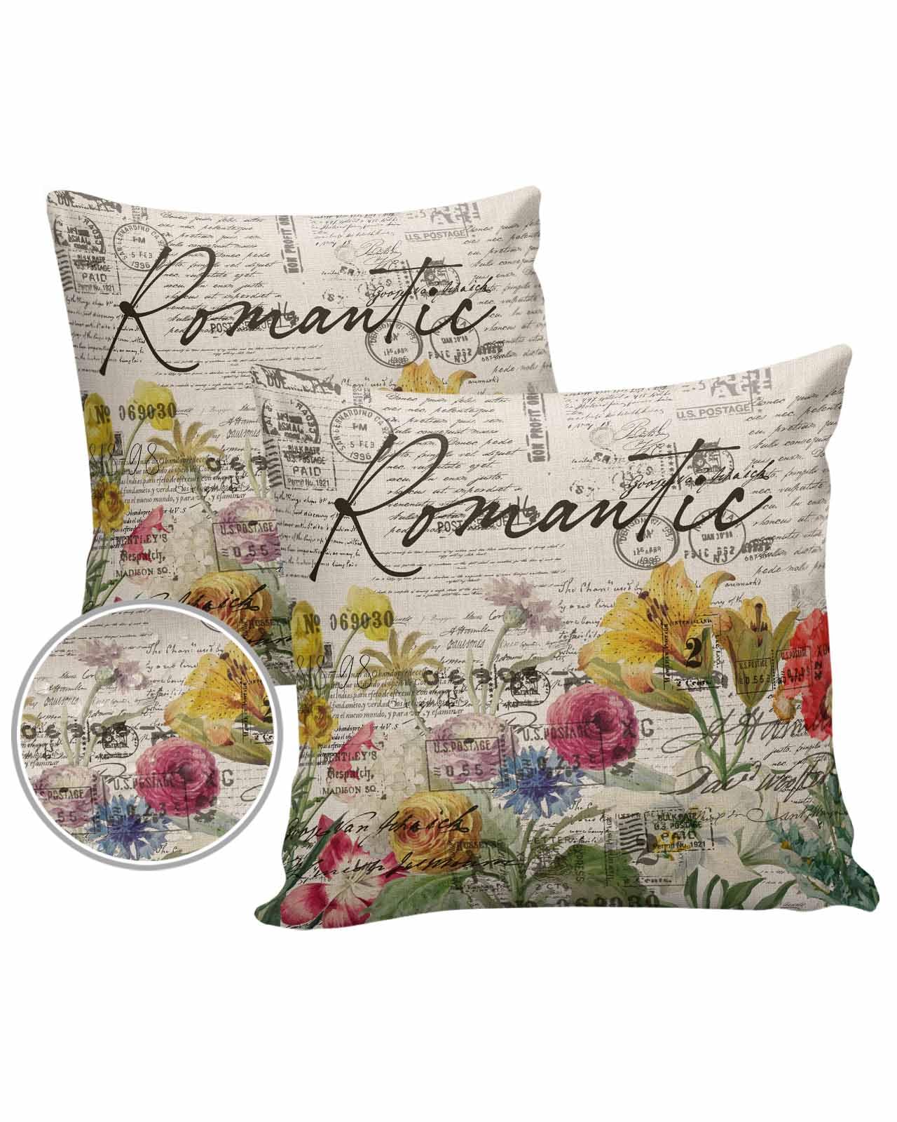 Beige Floral Outdoor Pillow Cover 20x20 Inch Cushion Sham Case, Waterproof Decorative Square Throw Pillowcase for Outside Garden Patio Porch Couch Chair Tent Vintage Botanical Romantic Shabby Flowers