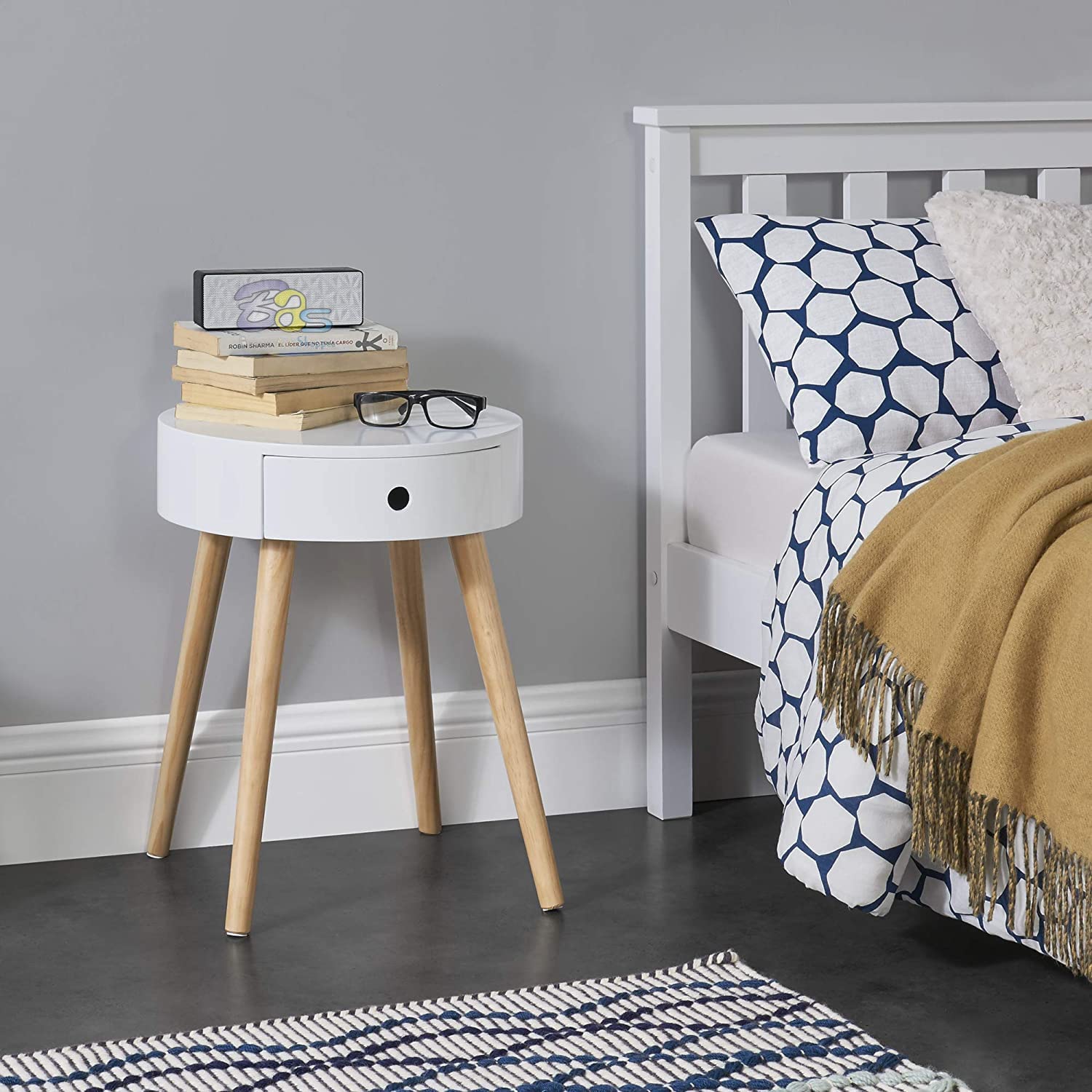 DDS Dream Decor Shoppee Wooden Round End Table Side Table with Drawer Chest of Drawers Bedside Table Retro Coffee Table or Bedside Table Coffee Table Mulripurpose Storage Table (White)-image-39
