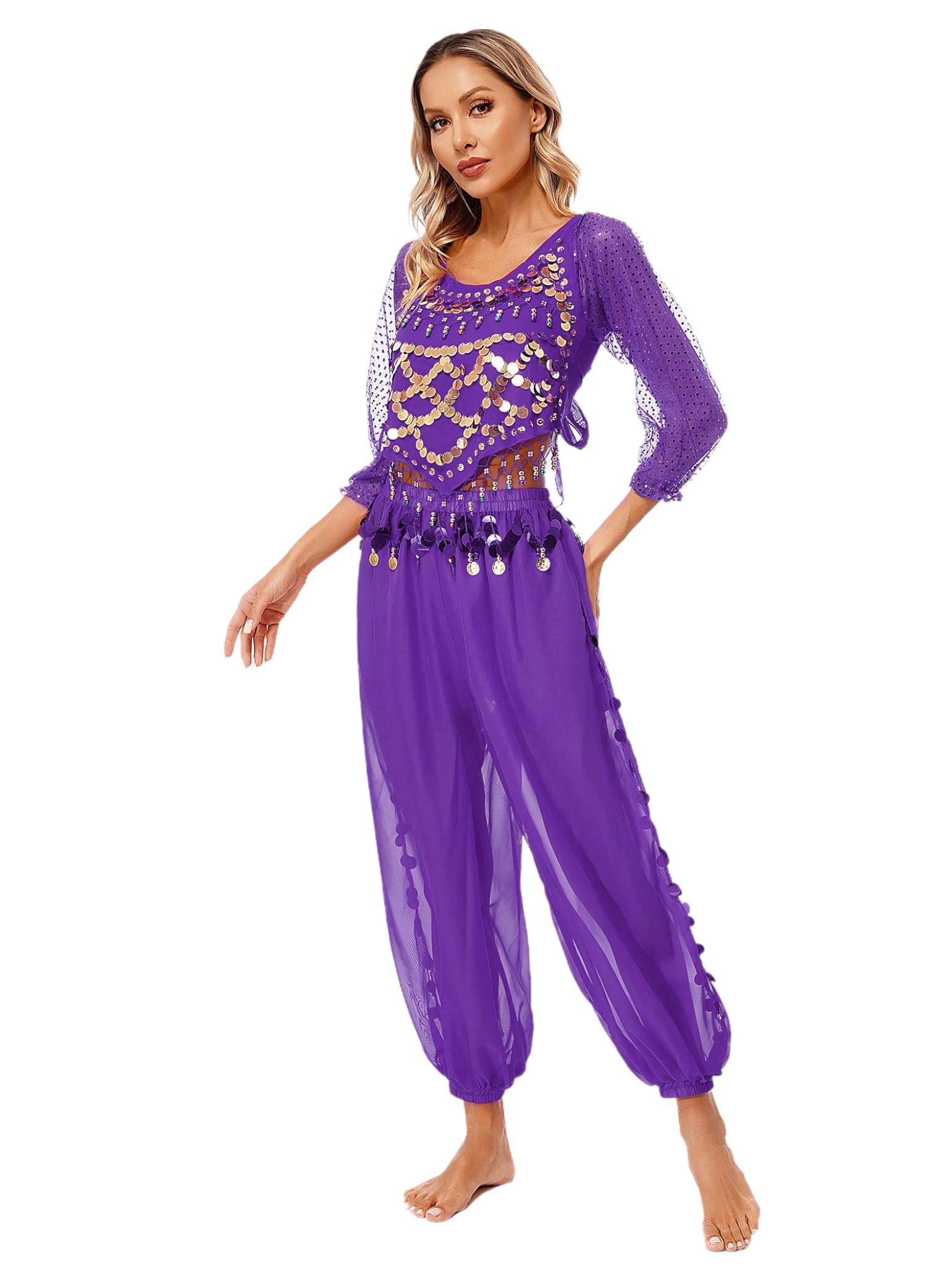 Costume Indien pour Femme pour La Danse du Ventre Ensemble Pièces Chemise Longs Manches Pantalons Lanterne pour Halloween